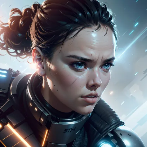 a close up action shot of epic sci fi hot daisy ridley, detailed clothing details, liquid effect, space, interstellar battlefiel...