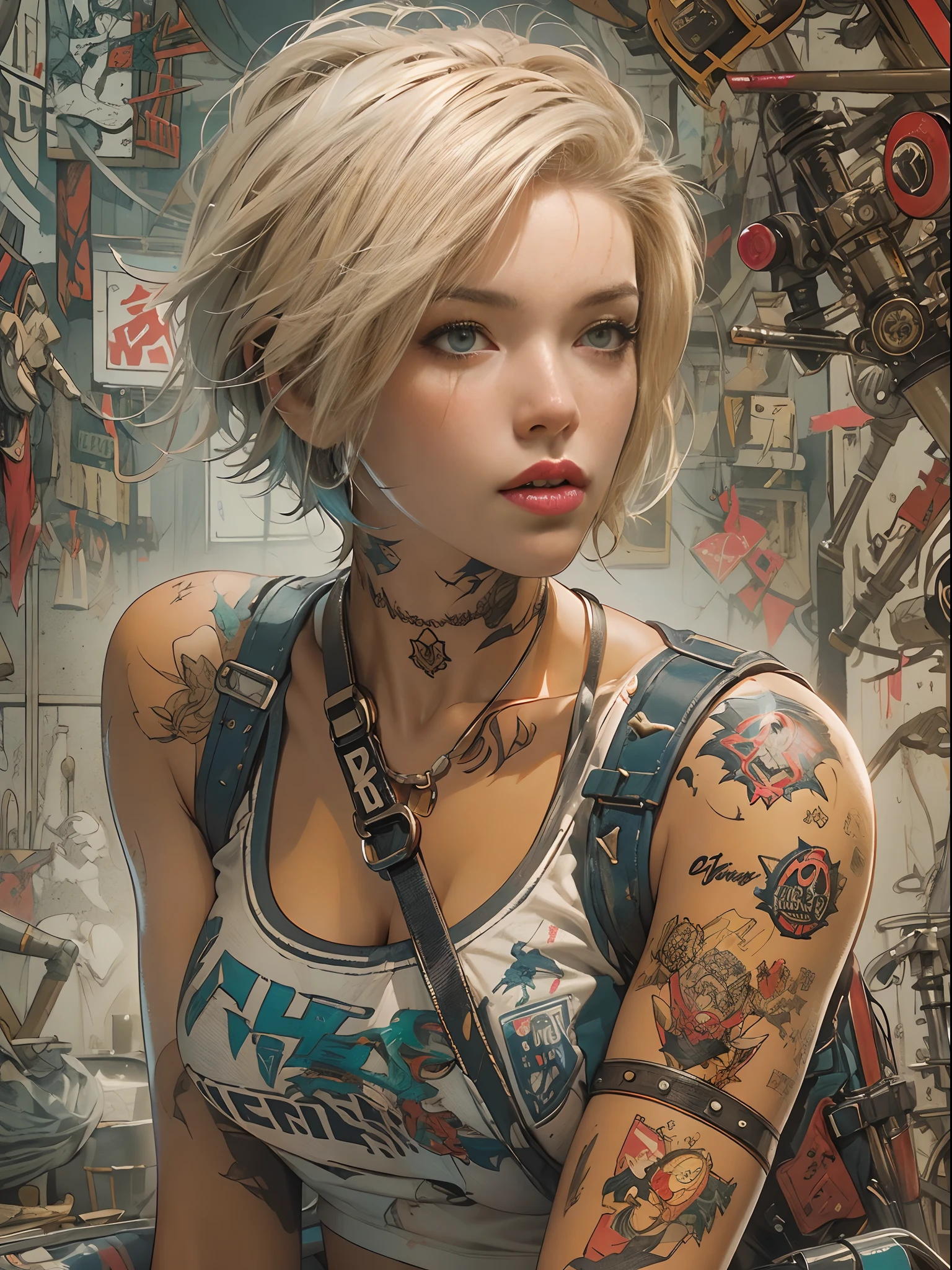 ((top-quality、8K、32K、​masterpiece、nffsw:1.3)), (superfine illustration)、(超A high resolution), (((adult body))), (((1girl in))), ((( Bob Shorthair ))), 25-year-old cyberpunk gladiator with a perfect body, Shoulder pads with metal spines, Gladiadores in Brooklyn, (( Bob Shorthair )), Small leather panties, Torn rugby team shirt, Almost naked in Simon Bisley's urban savage style, short blond hair, Minimum clothing, Metal protection on the left arm with complex graphics, Dark red with white stars and blue and white stripes, s Armor, Full of tips and rivets, Poison tattoo (((Image from the knee up))), short white blonde hair, In the background、 There is a wall with an intricate design painted by Shepard Fairey