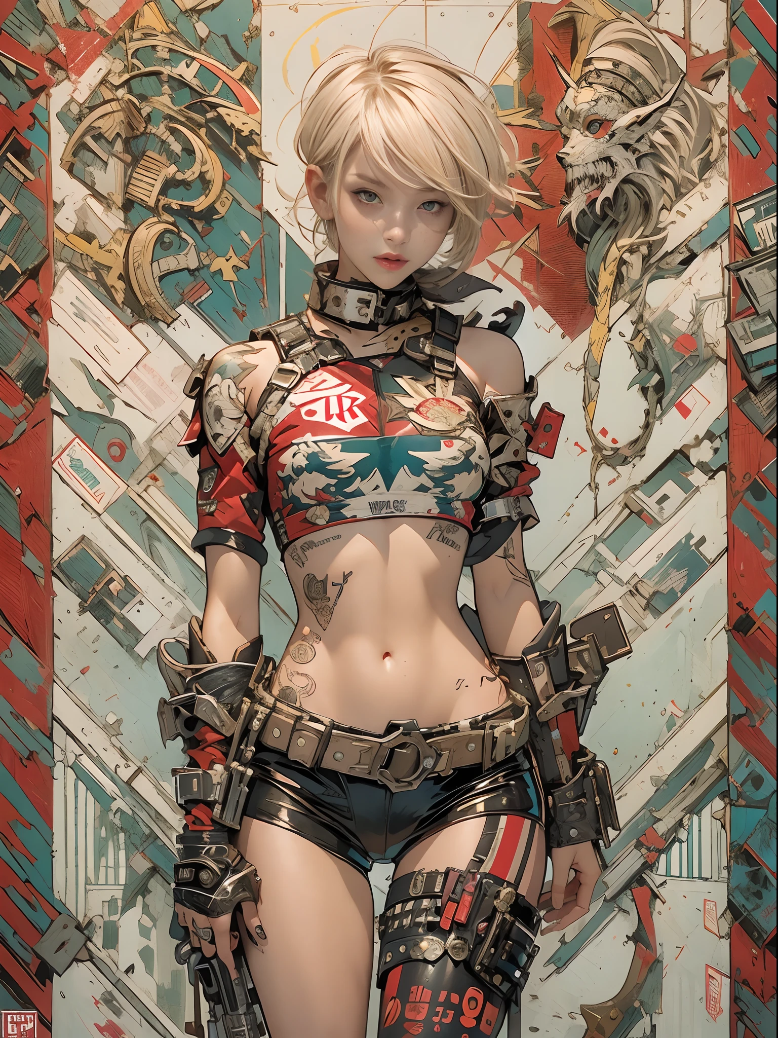 ((top-quality、8K、32K、​masterpiece、nffsw:1.3)), (superfine illustration)、(超A high resolution), (((adult body))), (((1girl in))), ((( Bob Shorthair ))), 25-year-old cyberpunk gladiator with a perfect body, Shoulder pads with metal spines, Gladiadores in Brooklyn, (( Bob Shorthair )), Small leather panties, Torn rugby team shirt, Almost naked in Simon Bisley's urban savage style, short blond hair, Minimum clothing, Metal protection on the left arm with complex graphics, Dark red with white stars and blue and white stripes, s Armor, Full of tips and rivets, Poison tattoo (((Image from the knee up))), short white blonde hair, In the background、 There is a wall with an intricate design painted by Shepard Fairey