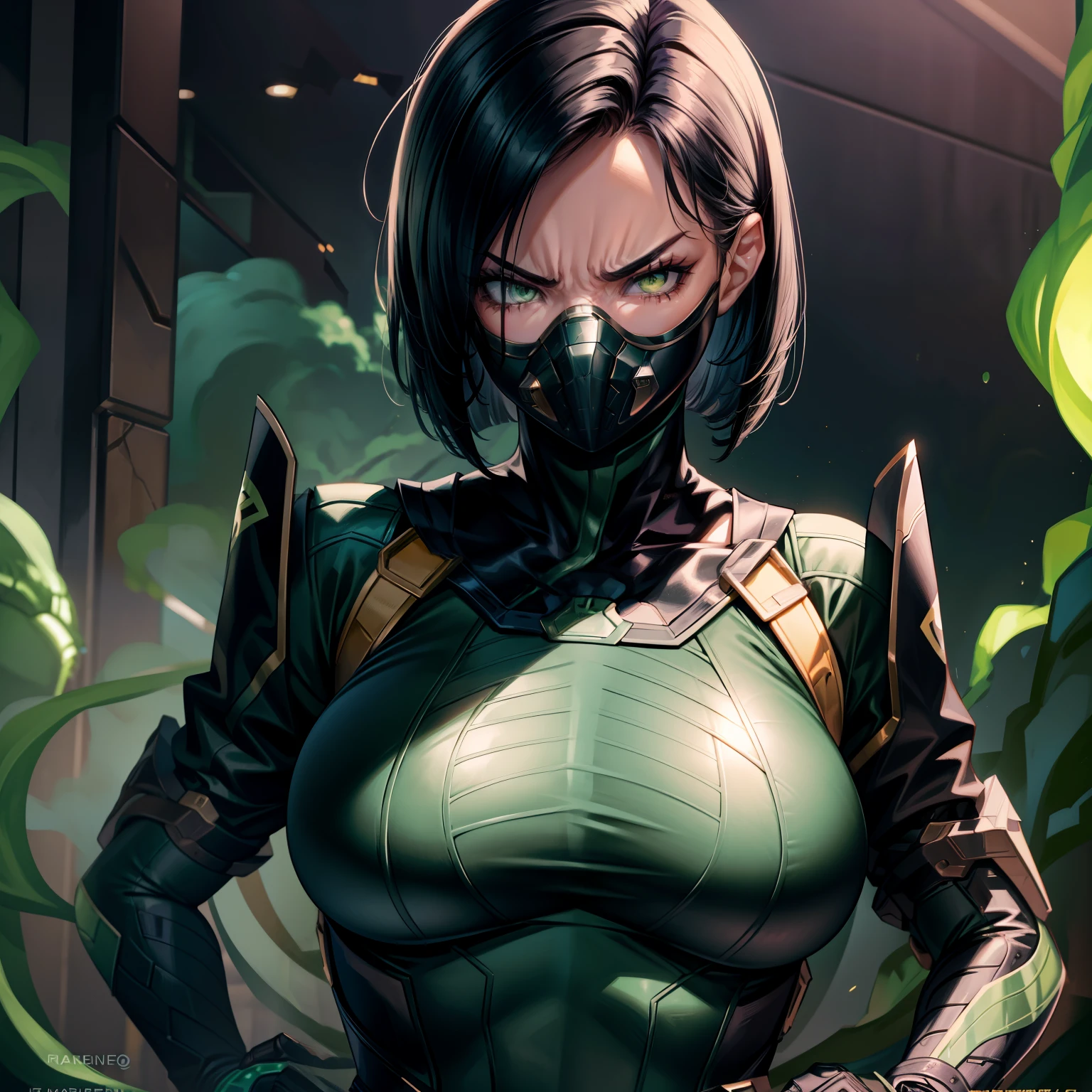 Masterpiece, Best quality,Look at the woman from below ，《Fearless viper》, tightsuit, mitts, belt, thigh boots, respirator, view the viewer, face, Portrait, Close-up, Glowing eyes, green smoke, Black background,huge tit，Raised chest，Close-up of chest，chest focus，Woman in a swimsuit，angry look，Extremely erotic figure，Staring angrily at the screen，Facing the screen