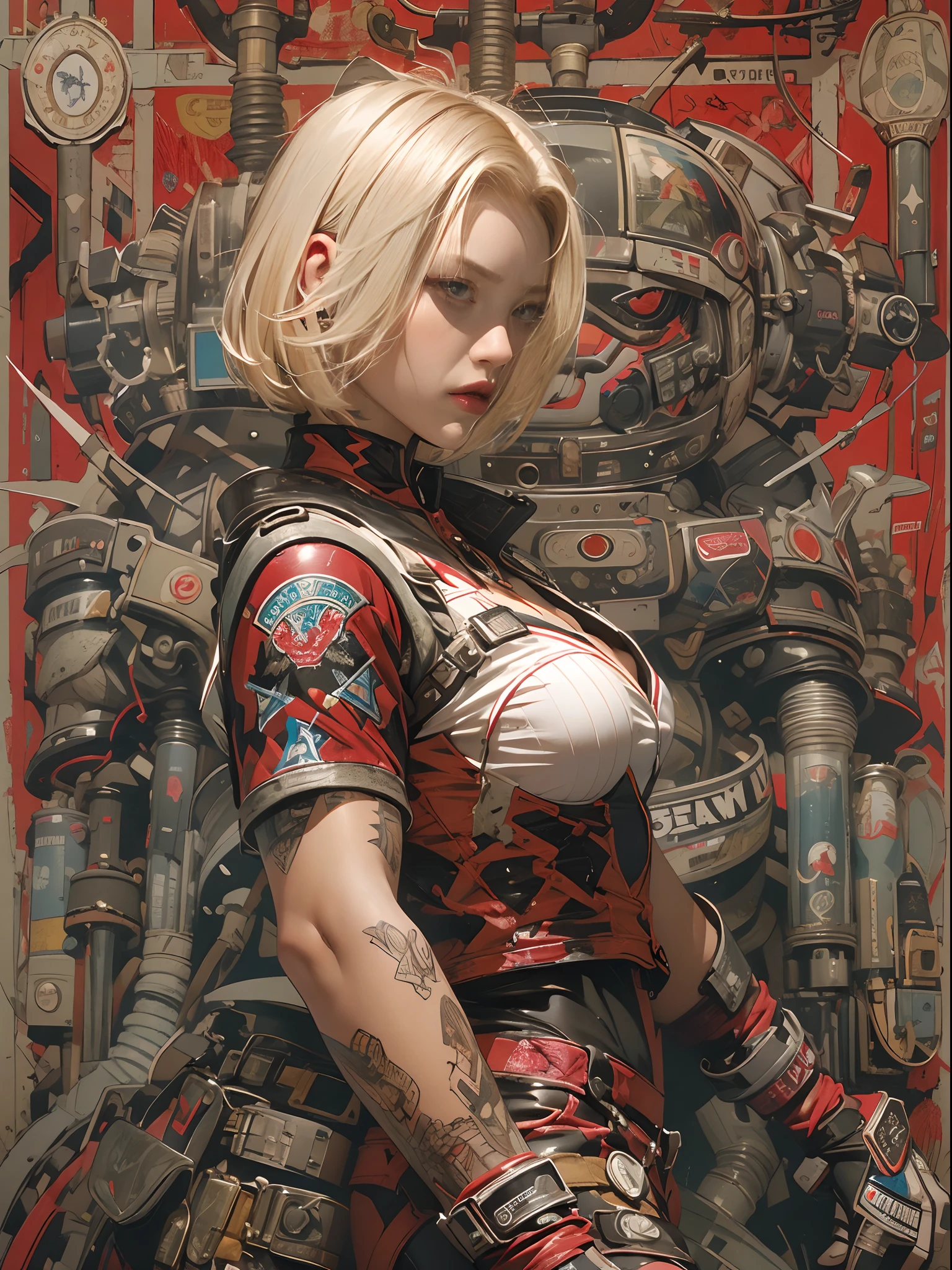 ((top-quality、8K、32K、​masterpiece、nffsw:1.3)), (superfine illustration)、(超A high resolution), (((adult body))), (((1girl in))), ((( Bob Shorthair ))), 25-year-old cyberpunk gladiator with a perfect body, Shoulder pads with metal spines, Gladiadores in Brooklyn, (( Bob Shorthair )), Small leather panties, Torn rugby team shirt, Almost naked in Simon Bisley's urban savage style, short blond hair, Minimum clothing, Metal protection on the left arm with complex graphics, Dark red with white stars and blue and white stripes, s Armor, Full of tips and rivets, Poison tattoo (((Image from the knee up))), short white blonde hair, In the background、 There is a wall with an intricate design painted by Shepard Fairey