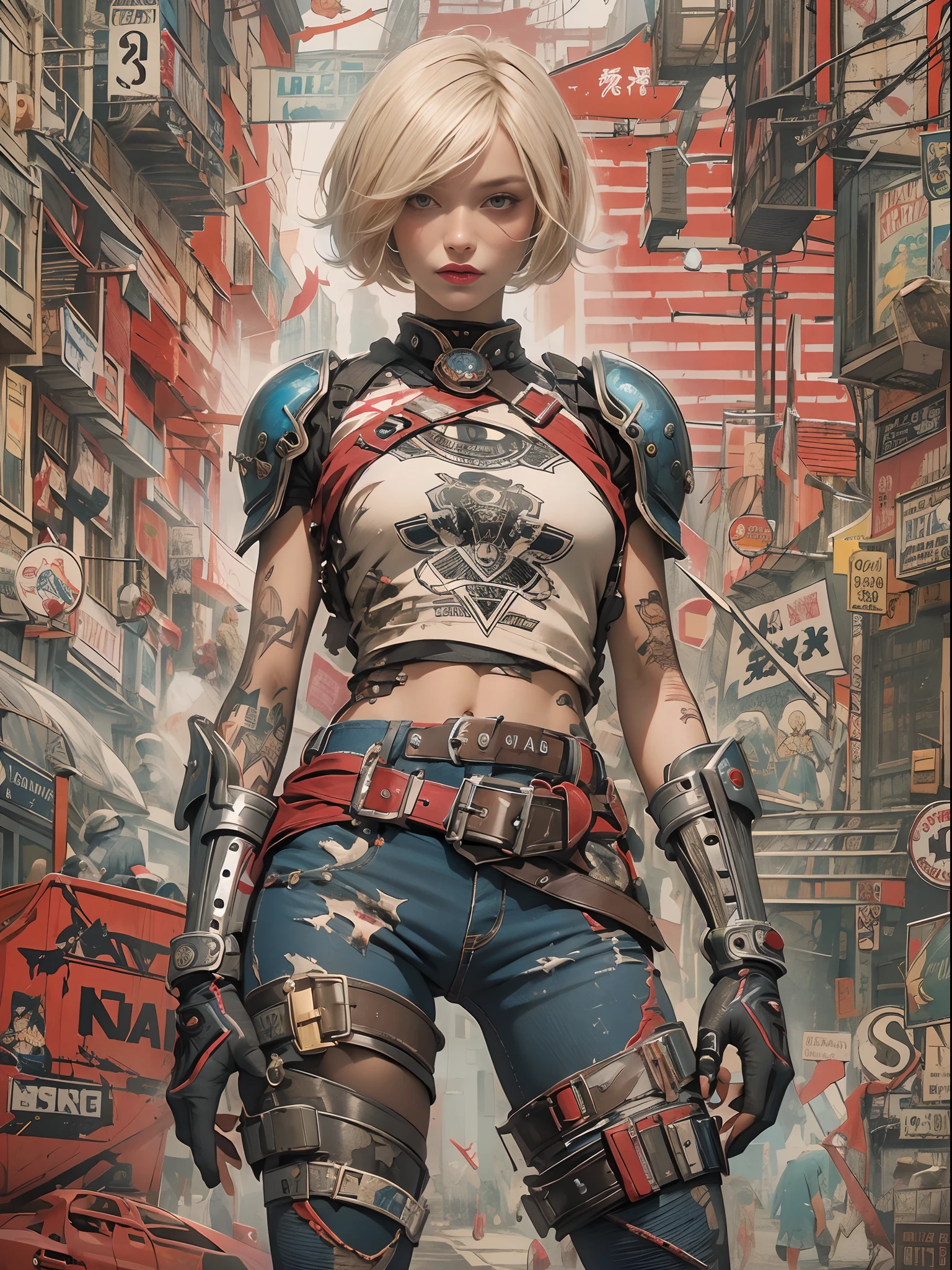 ((top-quality、8K、32K、​masterpiece、nffsw:1.3)), (superfine illustration)、(超A high resolution), (((adult body))), (((1girl in))), ((( Bob Shorthair ))), 25-year-old cyberpunk gladiator with a perfect body, Shoulder pads with metal spines, Gladiadores in Brooklyn, (( Bob Shorthair )), Small leather panties, Torn rugby team shirt, Almost naked in Simon Bisley's urban savage style, short blond hair, Minimum clothing, Metal protection on the left arm with complex graphics, Dark red with white stars and blue and white stripes, s Armor, Full of tips and rivets, Poison tattoo (((Image from the knee up))), short white blonde hair, In the background、 There is a wall with an intricate design painted by Shepard Fairey