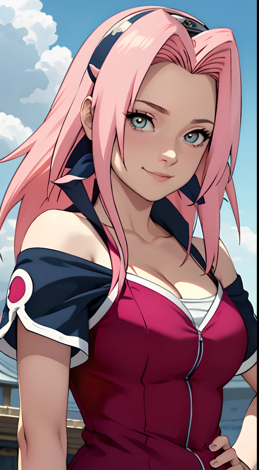 tmasterpiece， Best quality at best， 1girll， Sakura Haruno， Large breasts，Off-the-shoulder attire，（cleavage)，（upper body closeup)，(low angle), Raised sexy，is shy，with pink hair， long pink hair， greene eyes， Forehead protection， smile， both hands on hip， blue-sky， Clouds， Hidden village