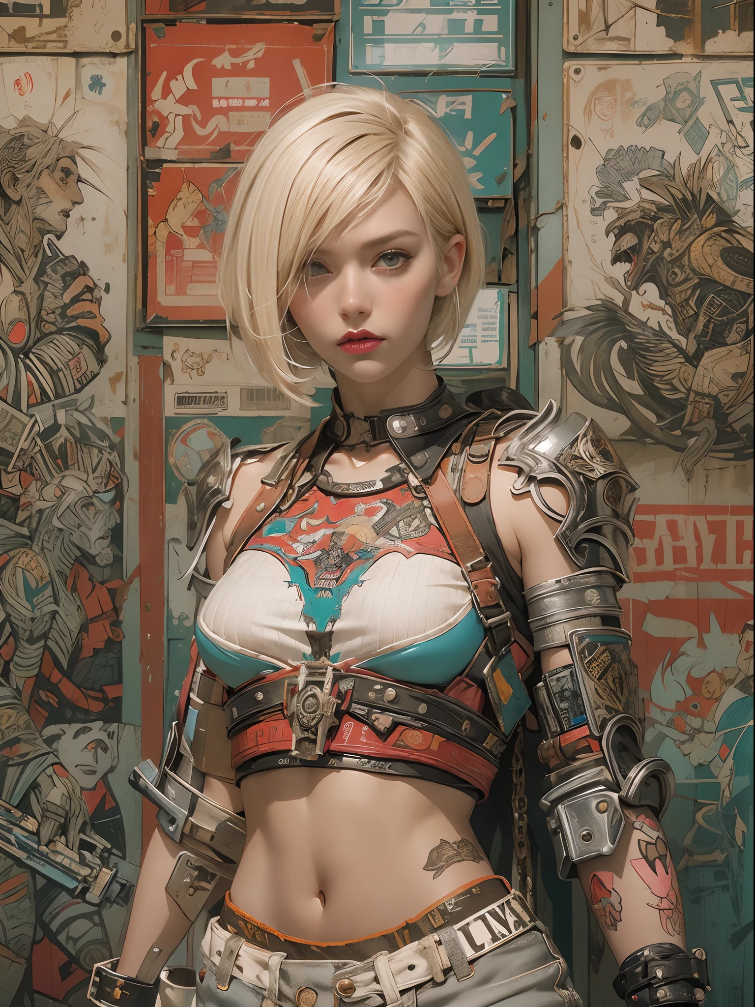 ((top-quality、8K、32K、​masterpiece、nffsw:1.3)), (superfine illustration)、(超A high resolution), (((adult body))), (((1girl in))), ((( Bob Shorthair ))), 25-year-old cyberpunk gladiator with a perfect body, Shoulder pads with metal spines, Gladiadores in Brooklyn, (( Bob Shorthair )), Small leather panties, Torn rugby team shirt, Almost naked in Simon Bisley's urban savage style, short blond hair, Minimum clothing, Metal protection on the left arm with complex graphics, Dark red with white stars and blue and white stripes, s Armor, Full of tips and rivets, Poison tattoo (((Image from the knee up))), short white blonde hair, In the background、 There is a wall with an intricate design painted by Shepard Fairey