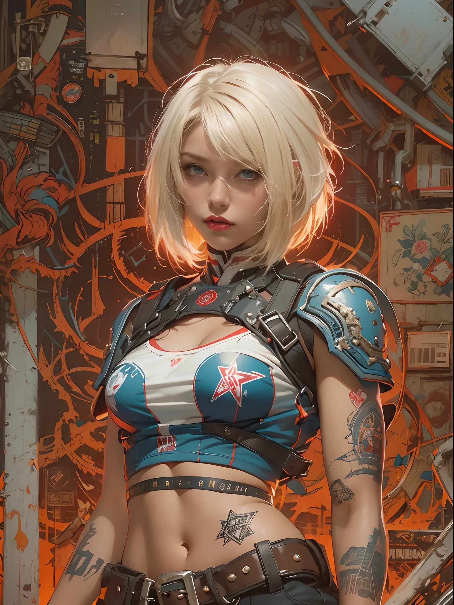 ((top-quality、8K、32K、​masterpiece、nffsw:1.3)), (superfine illustration)、(超A high resolution), (((adult body))), (((1girl in))), ((( Bob Shorthair ))), 25-year-old cyberpunk gladiator with a perfect body, Shoulder pads with metal spines, Gladiadores in Brooklyn, (( Bob Shorthair )), Small leather panties, Torn rugby team shirt, Almost naked in Simon Bisley's urban savage style, short blond hair, Minimum clothing, Metal protection on the left arm with complex graphics, Dark red with white stars and blue and white stripes, s Armor, Full of tips and rivets, Poison tattoo (((Image from the knee up))), short white blonde hair, In the background、 There is a wall with an intricate design painted by Shepard Fairey