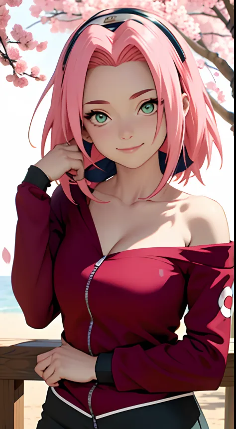 masterpiece， Best quality at best， 1girll， Sakura Haruno， Large breasts，Off-the-shoulder attire，（cleavage)，（full body closeup)，Raised sexy，is shy，smile，with pink hair， long pink hair， （Green eyeballs:1.4)， Forehead protection， the cherry trees，Cherry bloss...