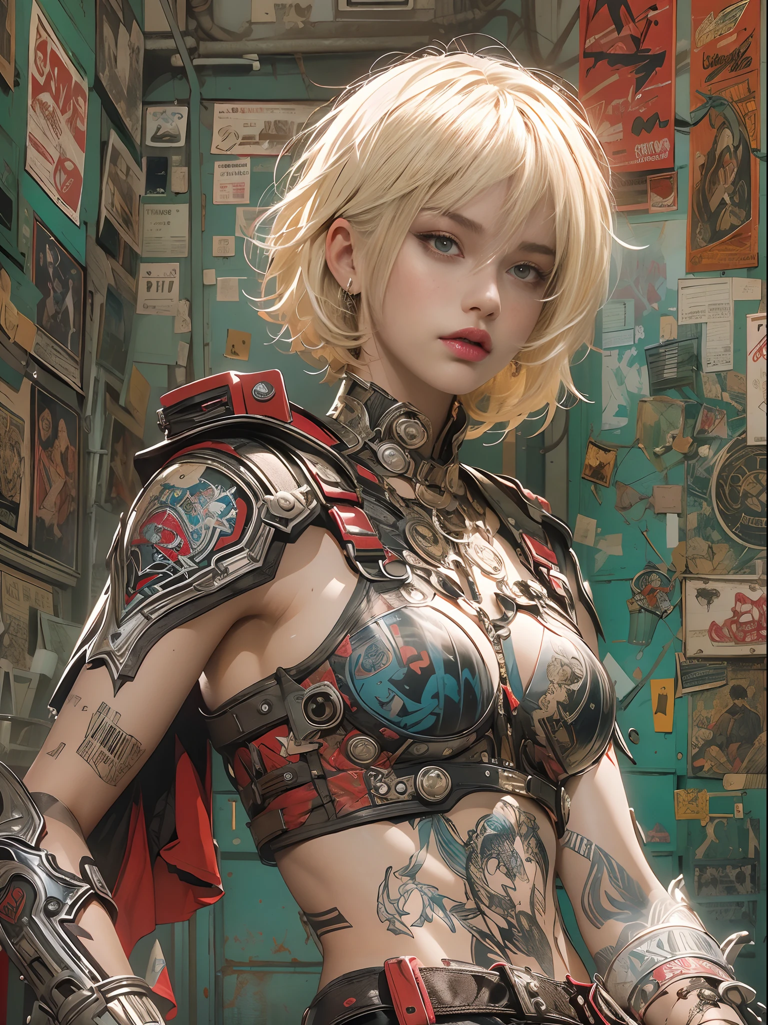 ((top-quality、8K、32K、​masterpiece、nffsw:1.3)), (superfine illustration)、(超A high resolution), (((adult body))), (((1girl in))), ((( Bob Shorthair ))), 25-year-old cyberpunk gladiator with a perfect body, Shoulder pads with metal spines, Gladiadores in Brooklyn, (( Bob Shorthair )), Small leather panties, Torn rugby team shirt, Almost naked in Simon Bisley's urban savage style, short blond hair, Minimum clothing, Metal protection on the left arm with complex graphics, Dark red with white stars and blue and white stripes, s Armor, Full of tips and rivets, Poison tattoo (((Image from the knee up))), short white blonde hair, In the background、 There is a wall with an intricate design painted by Shepard Fairey