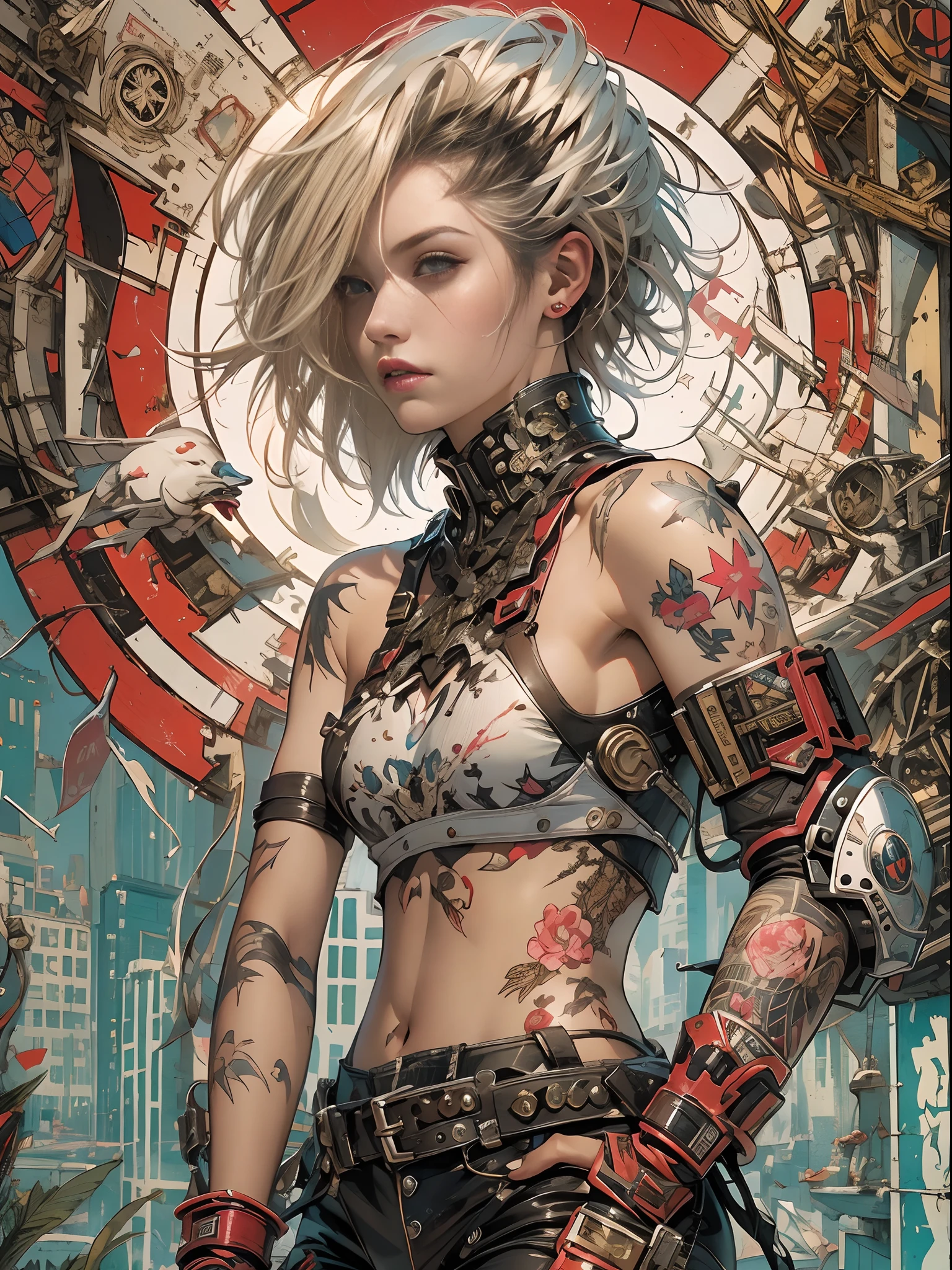 ((top-quality、8K、32K、​masterpiece、nffsw:1.3)), (superfine illustration)、(超A high resolution), (((adult body))), (((1girl in))), ((( Bob short hair ))), 25-year-old cyberpunk gladiator with a perfect body, Shoulder pads with metal spines, Gladiadores in Brooklyn, (( Bob short hair )), Small leather panties, Torn rugby team shirt, Almost naked in Simon Bisley's urban savage style, short blond hair, Minimum clothing, Metal protection on the left arm with complex graphics, Dark red with white stars and blue and white stripes, s Armor, Full of tips and rivets, Poison tattoo (((Image from the knee up))), short white blonde hair, In the background、 There is a wall with an intricate design painted by Shepard Fairey