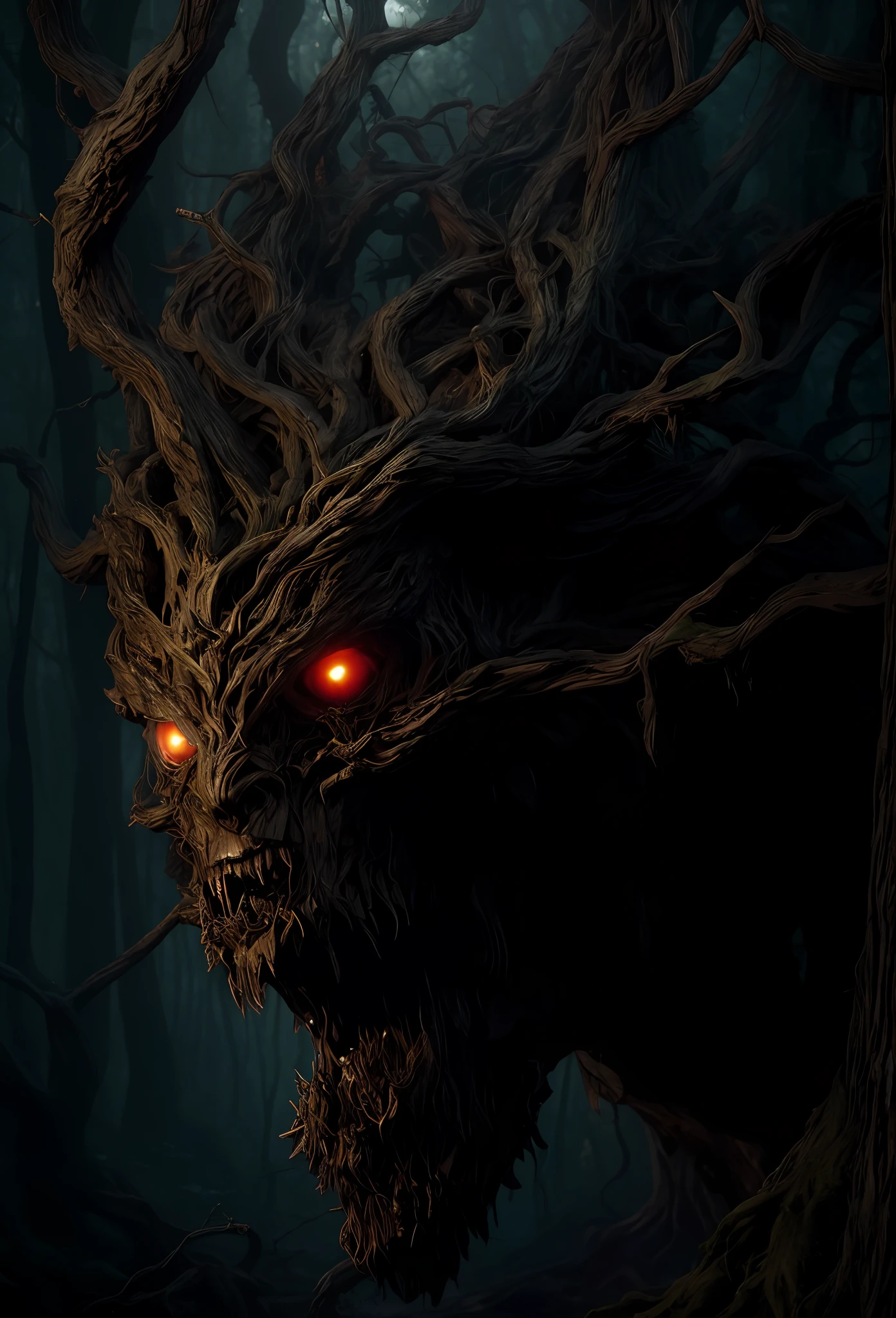 A dark forest with a creepy looking tree with red eyes - SeaArt AI