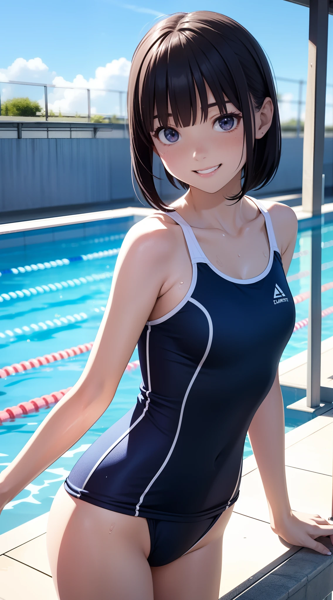 Chica anime en traje de baño posando junto a una piscina. - SeaArt AI