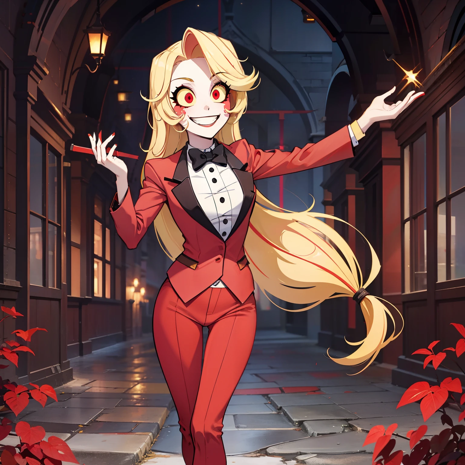 Charlie Morningstar, long hair, red suit, red pants, 1girl, yellow sclera, blonde hair, white skin, perfect anatomy, smiling