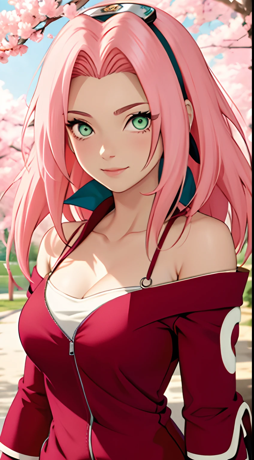 chef-d&#39;œuvre， La meilleure qualité au mieux， 1fille， Sakura Haruno， Gros seins，Tenue à épaules dénudées，（clivage)，（gros plan du haut du corps)，Élevé sexy，est timide，sourire，aux cheveux roses， cheveux longs et blancs， （Globes oculaires verts:1.4)， Protection du front， les cerisiers，Fleurs de cerisier volant，vêtements rouges，Demi-fermeture éclair