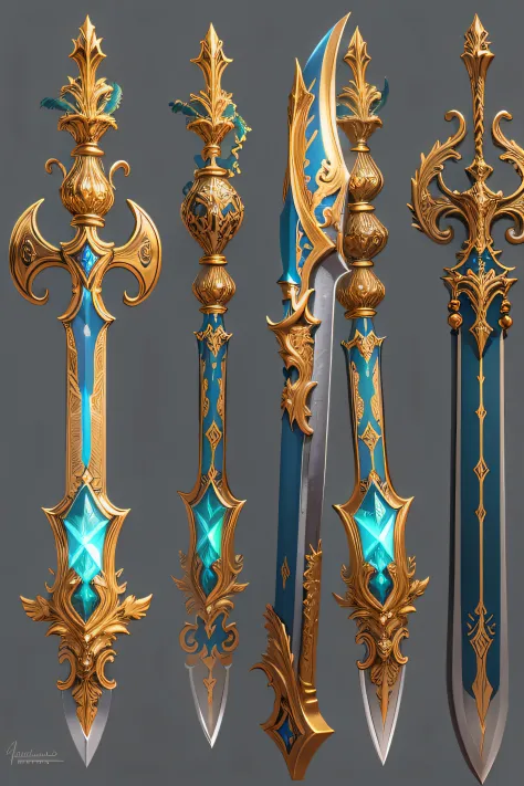 The legendary sword Excalibur stuck in an ornate stone, golden hilt inlaid with bright gems, waiting for the true king Items and gear listed on the side