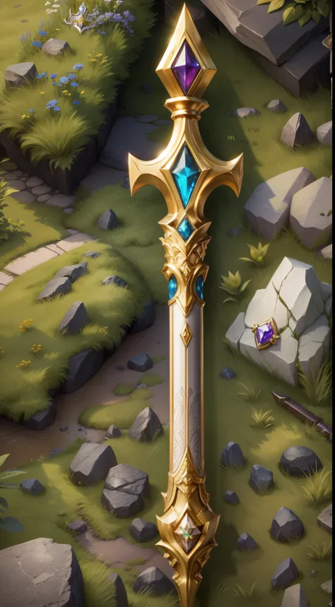 The legendary Excalibur is stuck in ornate stones, The golden hilt is set with bright gemstones, Wait for the real king Items and equipment listed on the side