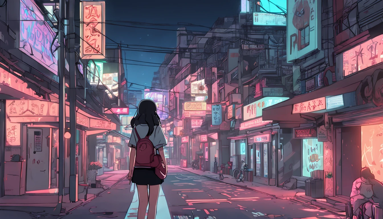 1girl in, breasts, A dark-haired, off shoulders, Large breasts, Animated scene of street with neon signs and buildings, lofi hip hop, lofi artstyle, lofi art, chillhop, lofi, anime movie background, Anime Background, lofi aesthetic, Wit Studio Anime, lofi album art, Roffey Technology, lofi vibes, lofi feel, Lofivibe、The tattoo, piercings、(((masutepiece),(the Extremely Detailed CG Unity 8K Wallpapers),Best Quality,,Solo,1girl in,Cinematic lighting,Detailed background,Beautiful detailed eyes,Bright pupils, (extremely delicate and beautiful),(Beautiful and detailed eyes description)， Ultra-detailed,masutepiece,)),