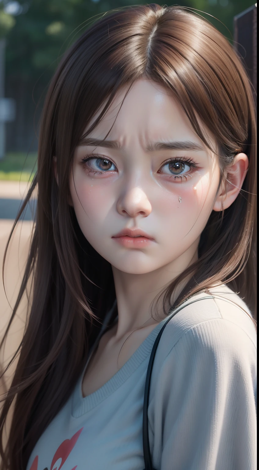 girl portrait, Realistic anime 3 D style, Kawaii realistic portrait, anime realism style, made with anime painter studio, [ 4 K photorealism ]!!, [ 4 K photorealism ]!!!, Smooth anime CG art, delicated face～horrified expression、Sadness Face、A wistful look、Crying and shedding large tears。
