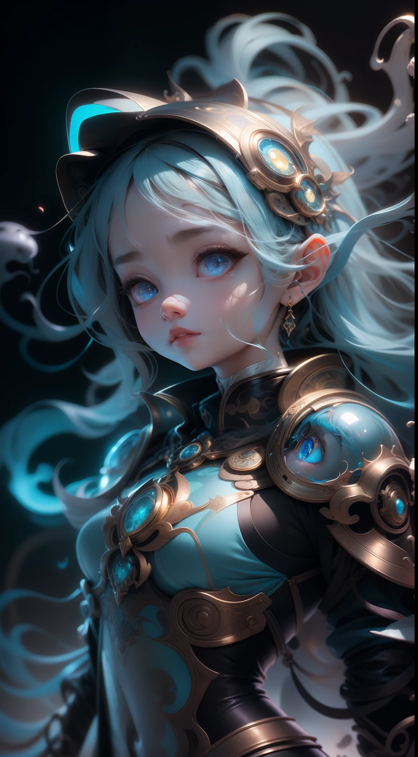 Cute cute dark baby, glowing smoke neon eyes, hoarfrost metal lace, fantasy, Sunlight, rays of sunshine, intricately details. 8K, Dreamlike, surrealism, Super cute, Symmetrical, Soft lighting, trending on artstationh, Intricate details, Highly detailed, illusory engine, author：ross tran, Phlegm sputum, phlegm, Artgerm and James Jean, Brian Froud, art illustration by Miho Hirano, Neimy Kanani, oil on the canvas：Aykut Aydogdu, Oil painting, Heavy strokes, paint drips