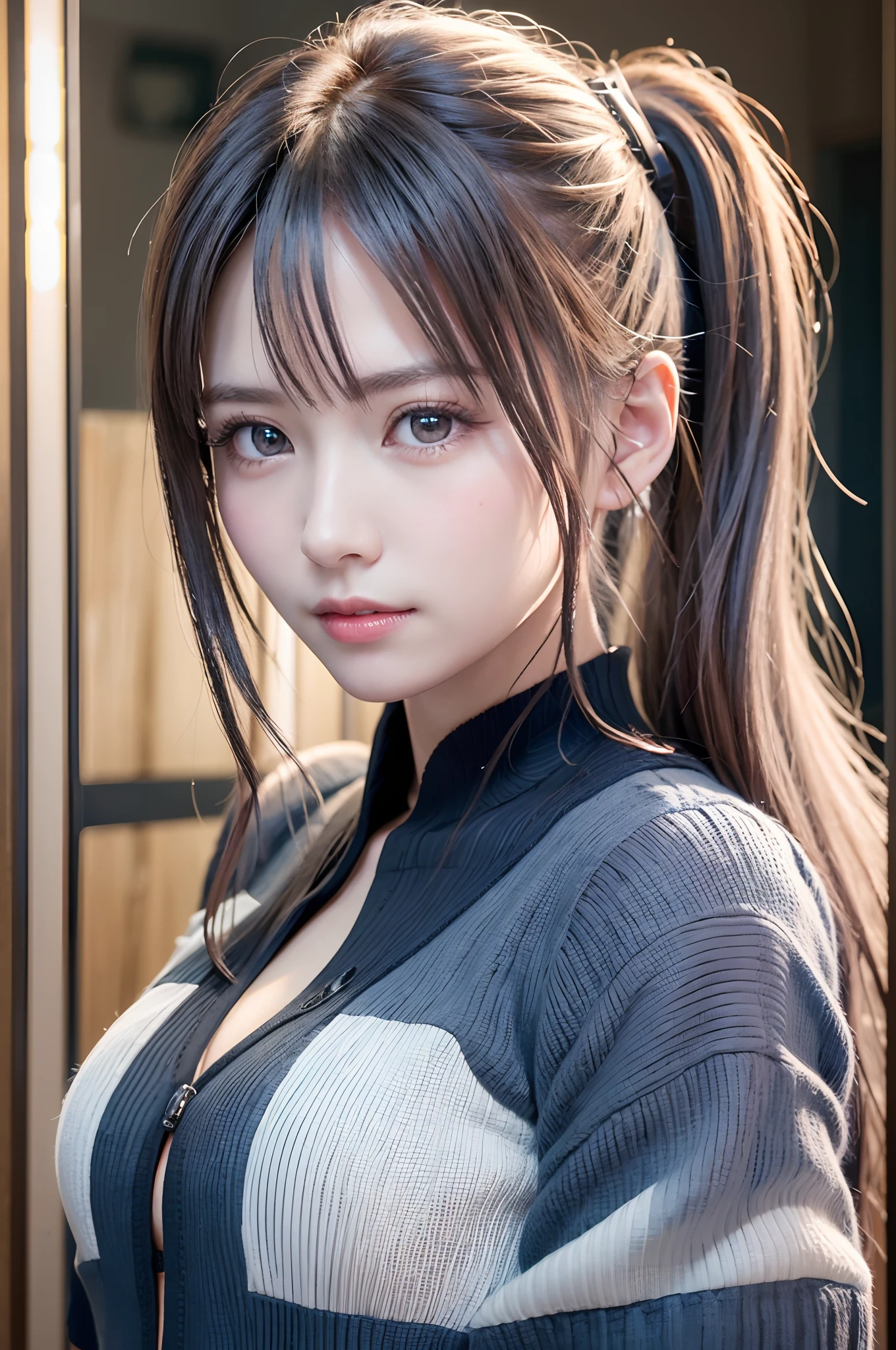 top-quality、8K Masterpiece、超A high resolution、(Photorealsitic:1.3)、Raw photo、女の子1人、silver white hair、poneyTail、glowy skin、1 super beautiful college girl、((super realistic details))、portlate、globalillumination、Shadow、octan render、8K、ultrasharp、highly intricate detail、Realistic light、CGSoation Trends、Beautiful eyes、radiant eyes、Facing the camera、