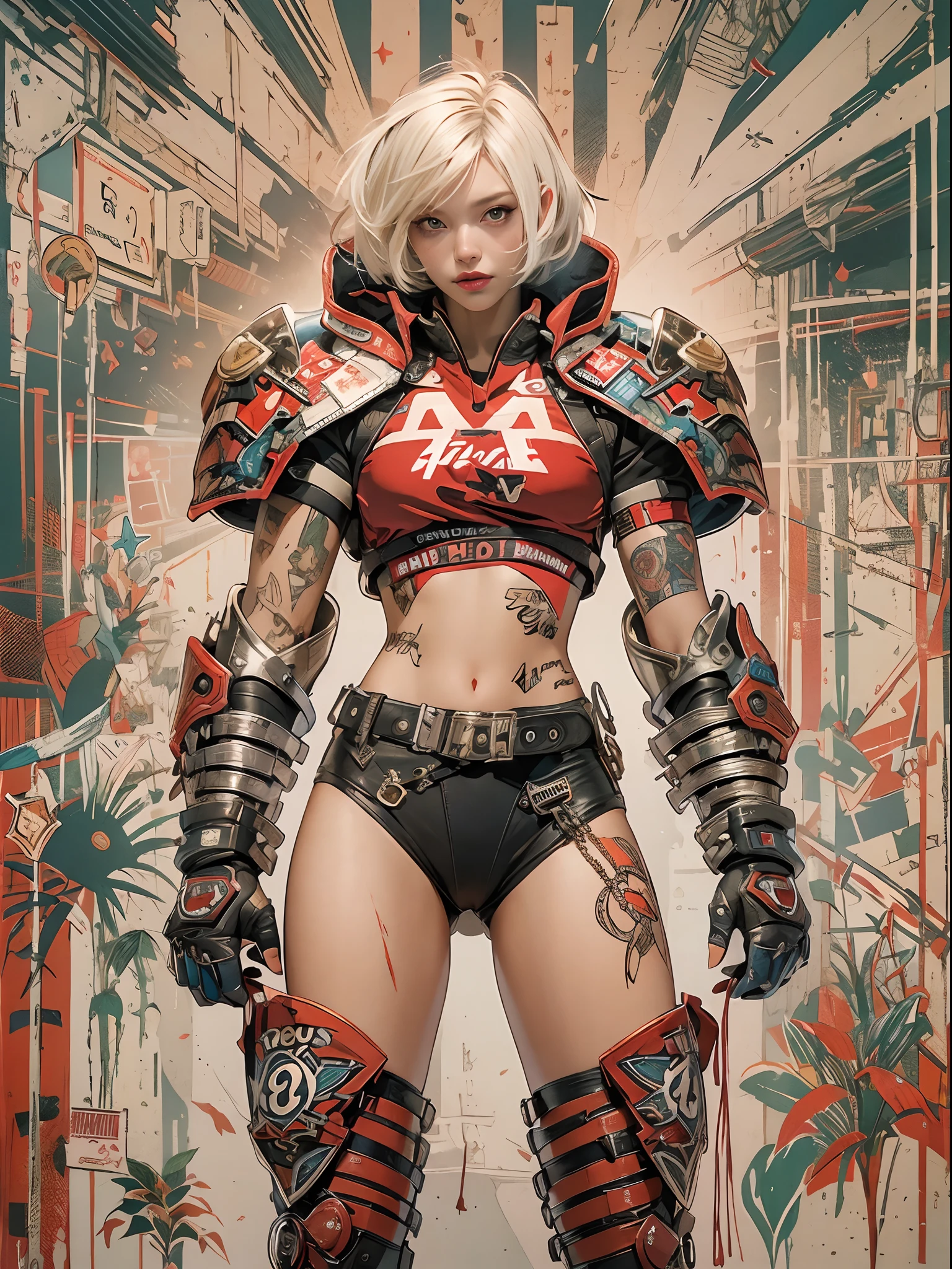 ((top-quality、8K、32K、​masterpiece、nffsw:1.3)), (superfine illustration)、(超A high resolution), (((adult body))), (((1girl in))), ((( Bob short hair ))), 25-year-old cyberpunk gladiator with a perfect body, Shoulder pads with metal spines, Gladiadores in Brooklyn, (( Bob short hair )), Small leather panties, Torn rugby team shirt, Almost naked in Simon Bisley's urban savage style, short blond hair, Minimum clothing, Metal protection on the left arm with complex graphics, Dark red with white stars and blue and white stripes, s Armor, Full of tips and rivets, Poison tattoo (((Image from the knee up))), short white blonde hair, In the background、 There is a wall with an intricate design painted by Shepard Fairey