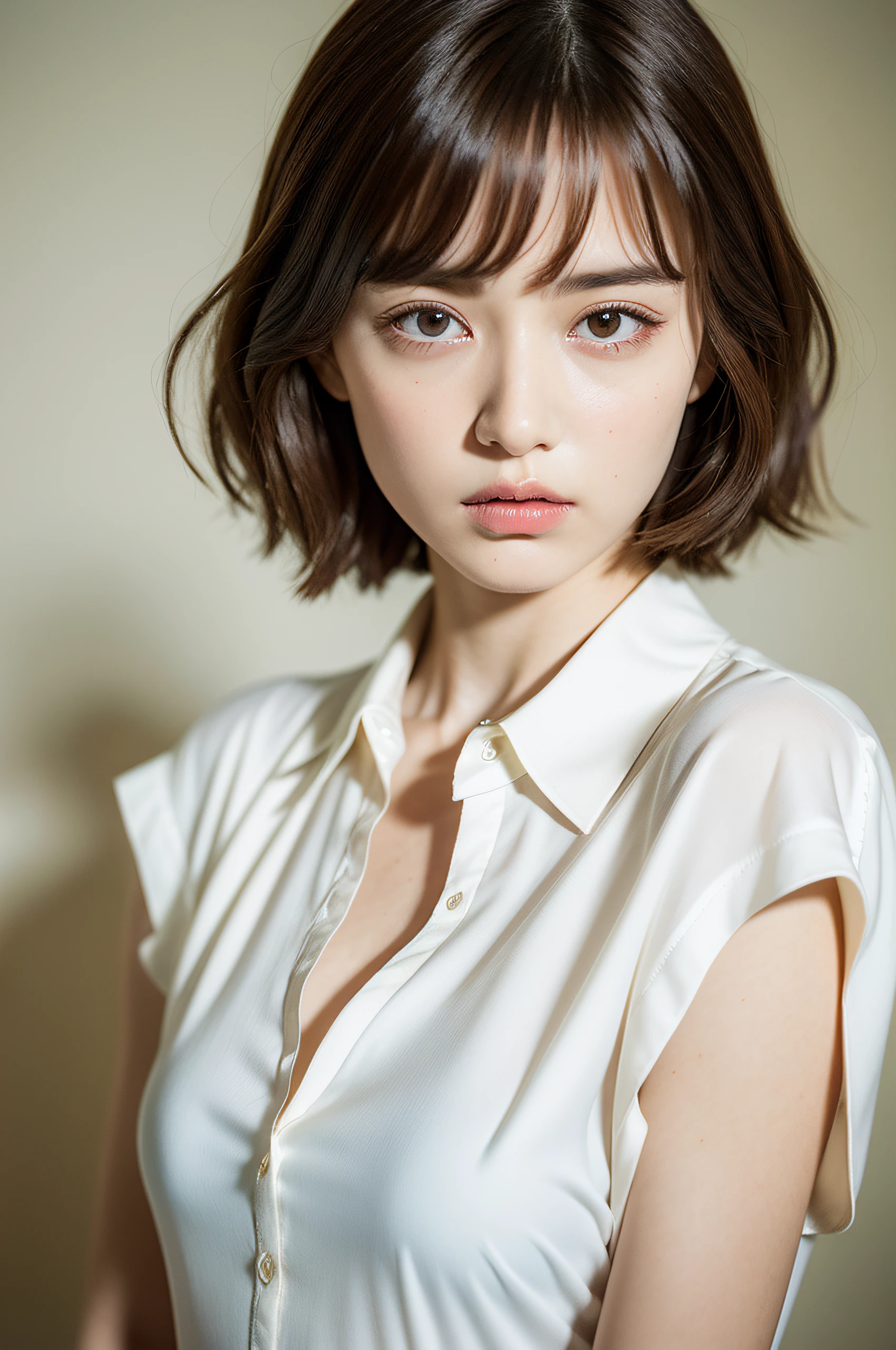 (Raw photo, Best Quality), (Realistic, Photorealsitic:1.3), masutepiece, extremely delicate and beautiful,Soft light, (Brown hair, Short hair, Bangs), Beautiful detailed girl, Detailed fingers, extremely detailed eye and face, beautiful detailed nose, Beautiful detailed eyes, 1 girl,  Japanese, Neat and clean beauty, Cute, 年轻, Silk Collar Shirt, Long flared skirt, pale skin, (Half body:1.3), (medium breasts), Realistic face, Realistic body, Park