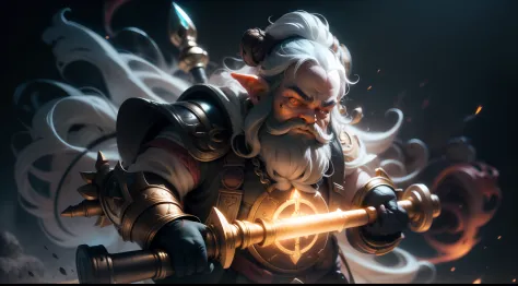 A dwarf with fiery eyes, With a huge magic hammer, metallic skin