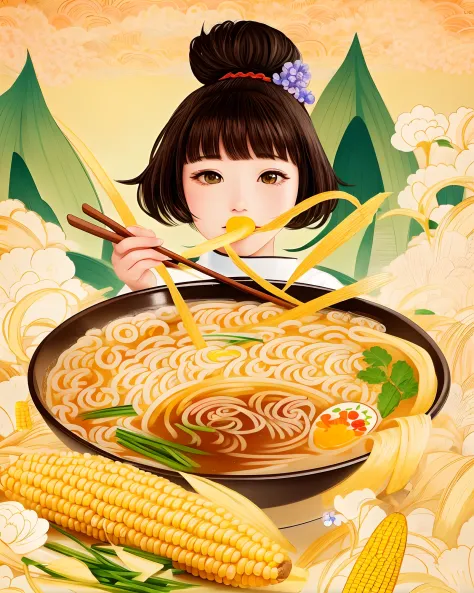 Cartoon girl eating corn and corn on the cob, Amazing food illustration, A beautiful artwork illustration, Eating noodles, hand ...