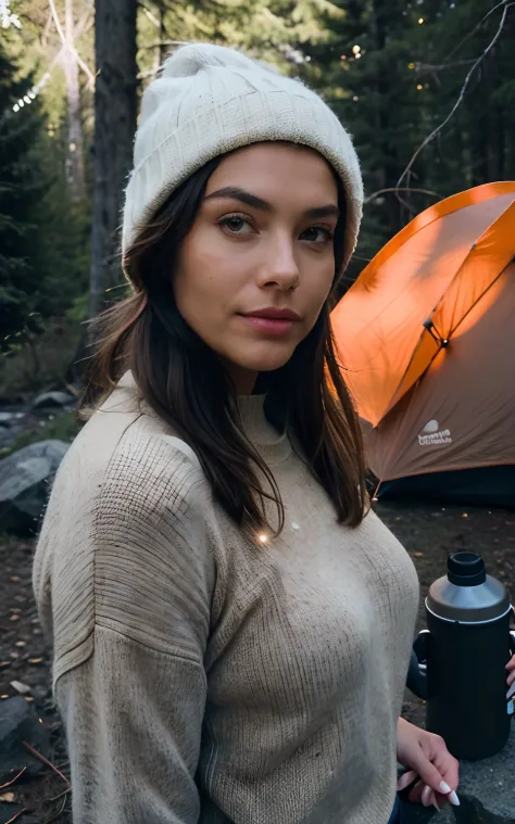 1 woman ((upper body selfie, happy)), brown hair, masterpiece, best quality, ultra-detailed, solo, outdoors, (night), mountains, nature, (stars, moon) cheerful, happy, backpack, sleeping bag, camping stove, water bottle, mountain boots, gloves, sweater, ha...