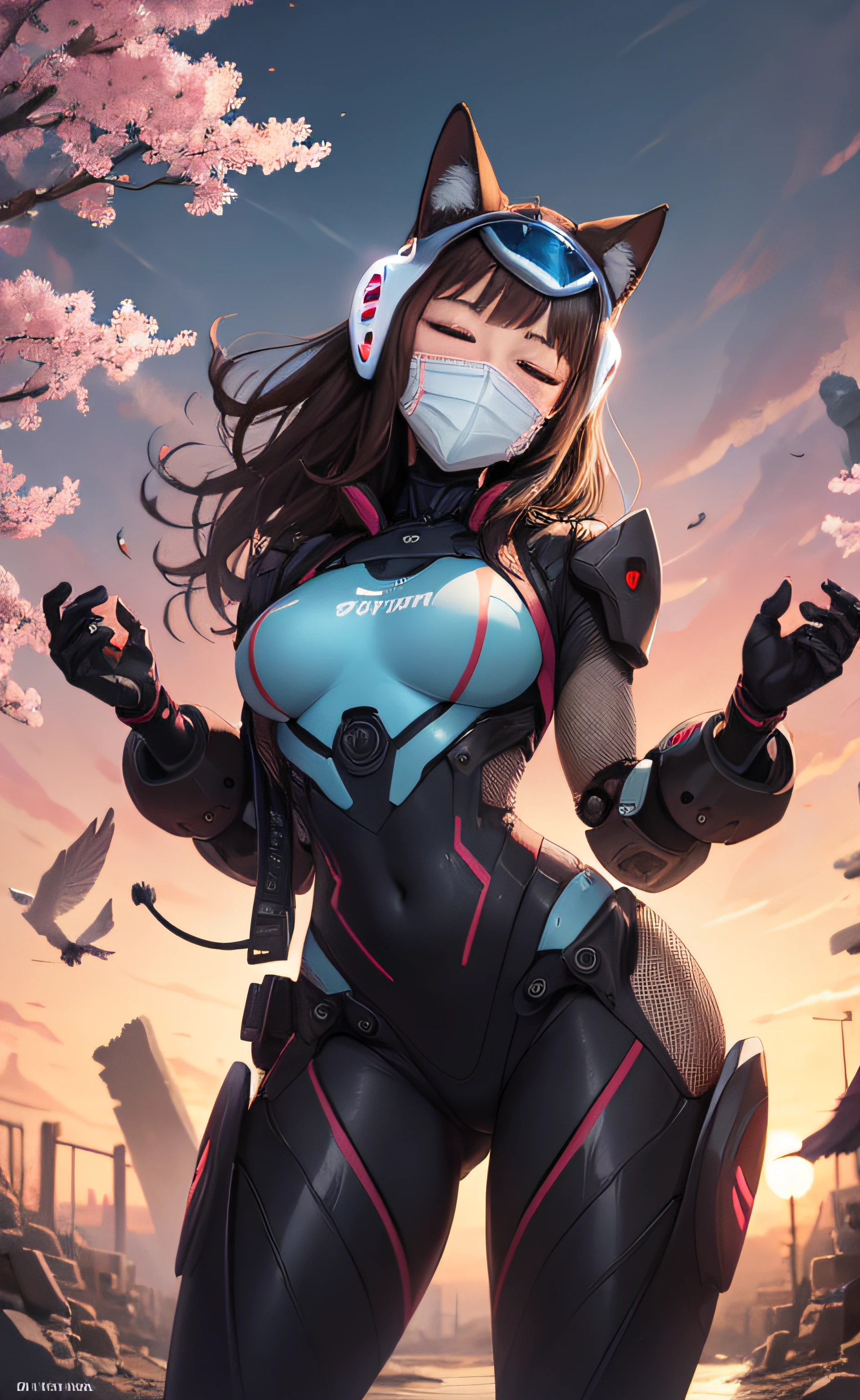 full body, cowboy shot, Masterpiece:1.2, high quality, best quality, high resolution, detailed, hyper realistic, 1girl, medium brown hair, blue eyes, head tilt, sunset, birds flying, cherry blossom, closed eyes, smile, showing teeth, (detailed face), ((sharp focus)), (full body shot), neon signs, ancient ruins, robot (robot fox face mask), (fishnet)