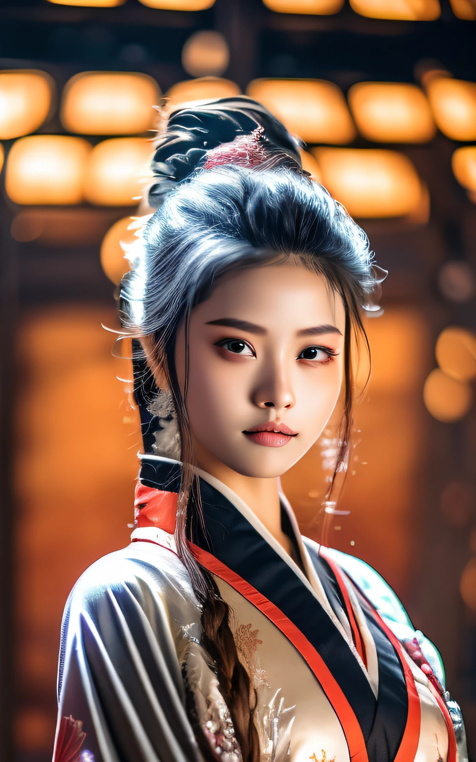 best qualityer， tmasterpiece， A high resolution， Wuxia 1girl， Be red in the face， （seduct smile：0.8）， star-shaped bule pupils， Chinese Hanfu， hair adornments， choker necklace， jewely， beautiful  face， orthofacial， after sexing_Body， Tyndall effect， realisticlying， Dark Studio， edge lit， twotonelighting， （highdetailskin：1.5）， 8K  UHD， digital SLR camera， gentle illumination， high high quality， Volumetriclighting， Frankness， photore， A high resolution， 4K， 8K， Bokeh