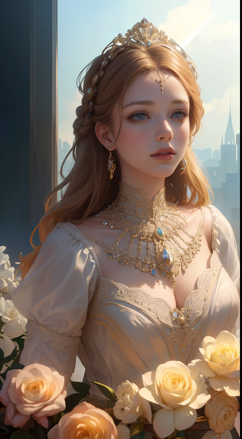 (Ultra-high quality masterpiece，Beautiful bust of an 18-year-old noble girl，Classical braids，The eyes are shiny and clear，Floral craftsmanship，Crystal jewelry，Ultra-fine details，Soft lighting)