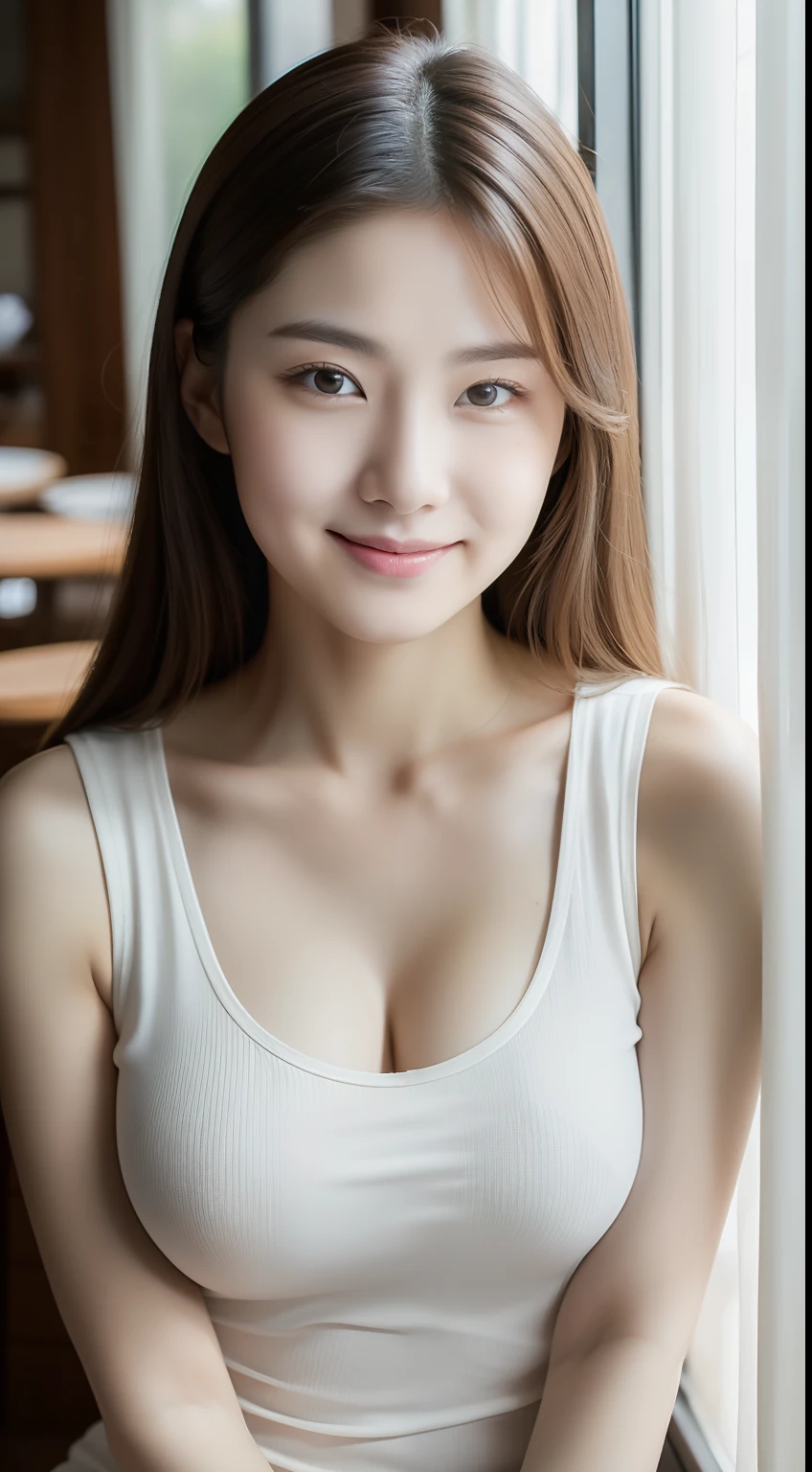 realistic photos of 1 cute Korean star, curtained hair, white skin, thin makeup, 32 inch breasts size, slightly smile, wearing tank top, sitting at countryside cafe, close-up, UHD