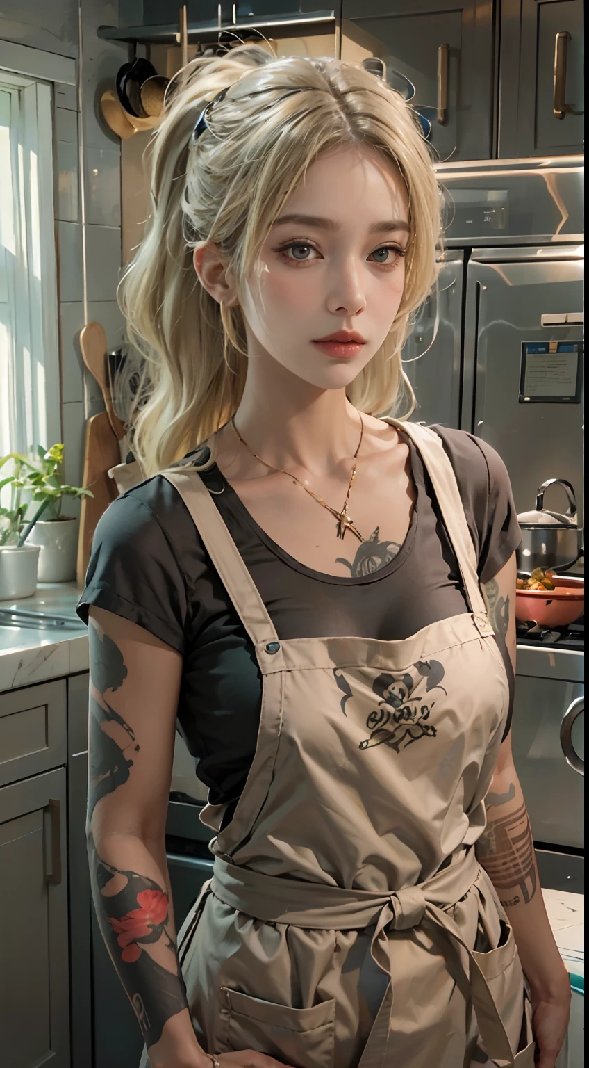 Photorealistic, high resolution, Soft light,1womanl, Solo, Hips up, (Detailed face),A woman with various tattoos and hair standing in her kitchen, Her apron is the only dress, Blonde hair