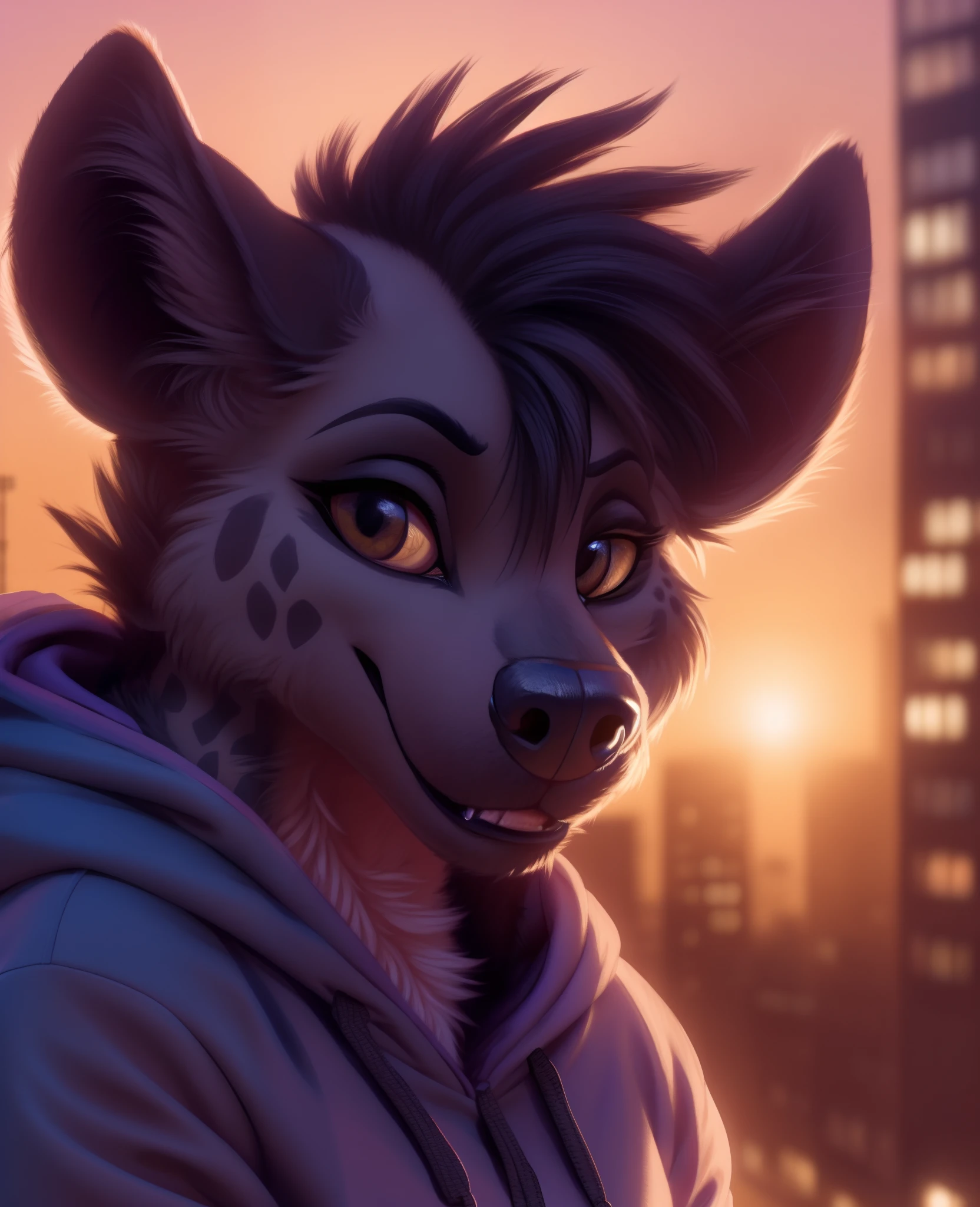 shenzi, furry female anthro, hyena girl, portrait, close-up, (hoodie:1.2),  fur trim, solo, (body fur:1.2), (best quality), (detailed urban background:1.2), dramatic lighting, (detailed fluffy fur:1.1), looking at viewer,