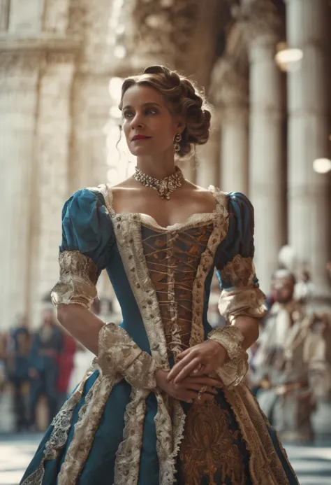 Versailles，whaite hair，Blue eyes，Gorgeous dress，Exposed milk，France，femele，Sexy and hot，sportrait，Solemn，Bigchest，SENSE OF CINEMA, hdr, Gorgeous shades, Intricate details, super-fine，oc rendered，Ray traching，Reallightandshadow，Hyper-realistic，anatomy corre...