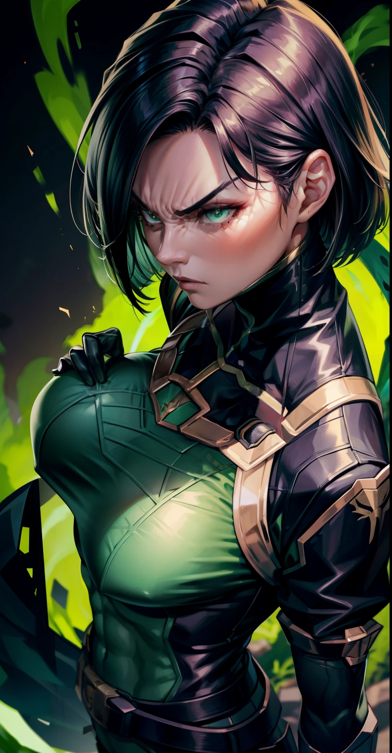 Masterpiece, Best quality,looking from above，《Fearless viper》, Bikini, mitts, belt, thigh boots, respirator, view the viewer, face, Portrait, Close-up, Glowing eyes, green smoke, Black background,huge tit，Raised chest，Bare-bodied，Close-up of chest，angry look，Devil figure，Staring angrily at the screen，Facing the screen，Muscle woman，abs，naked belly