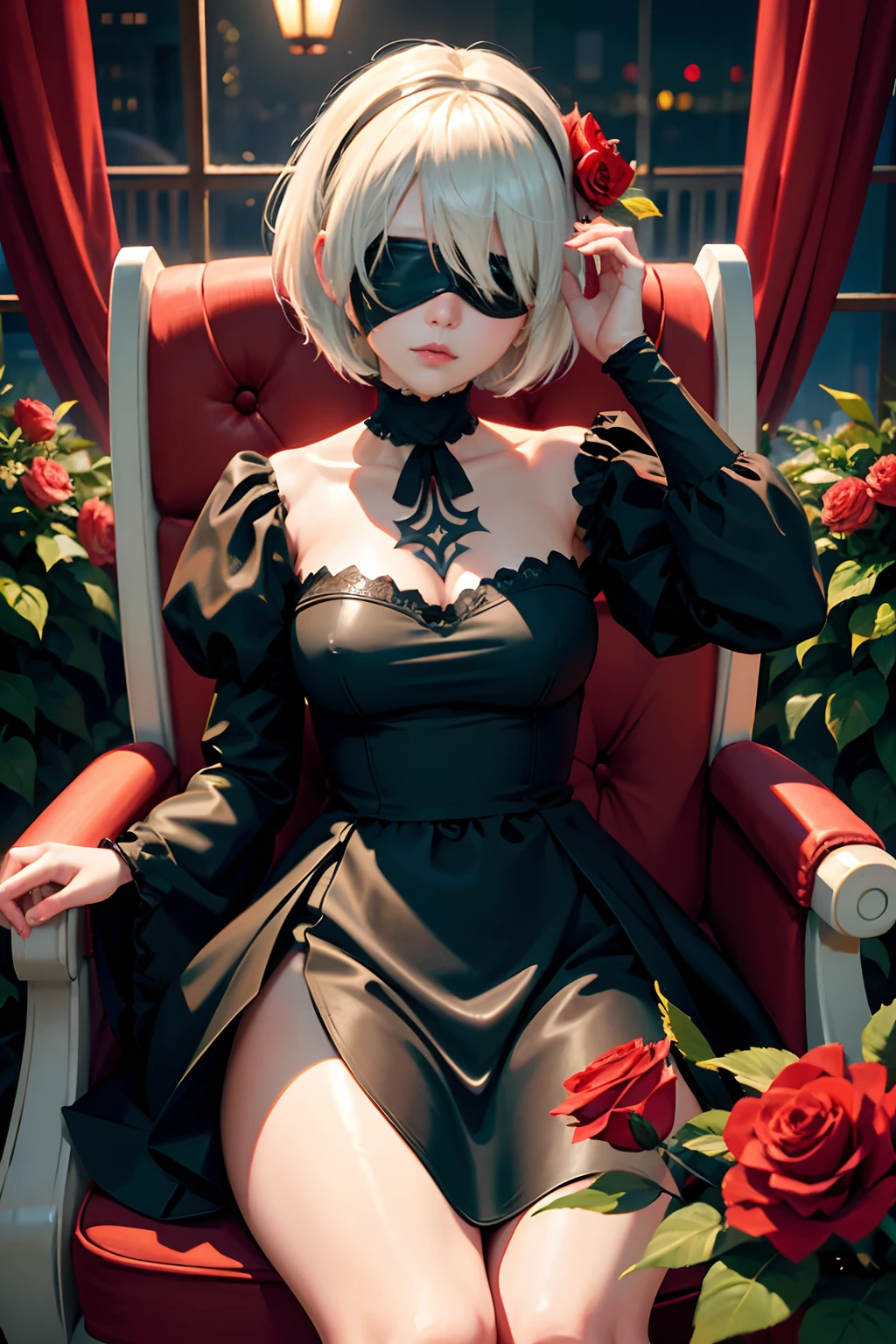 Ultra-detail,(highres:1.1),best quality,(masterpiece:1.3),cinematic lighting,garden,red rose,surrounded by flower,night,dual tone image,
BREAK,
(detailed face and eyes:1.1),(upper body:1.1),n_2b,blindfold,black blindfold,(1girl:1.1),sitting,on chair,