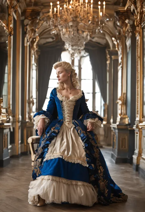 A blonde woman in a dark blue dress sits on a chair in the palace, rococo queen,  historical baroque dress, aristocratic clothes, rococo fashion, ornate royal gown, wearing a noblewoman's outfit, Rococo dress, intricate costume design, in a fancy elaborate...