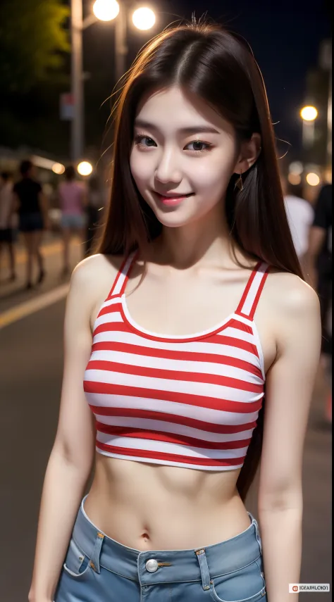 realistic photos of (1 cute Korean star) londe hair intakes, white skin, thin makeup, 32 inch breasts size, slightly smile, wearing red striped tank top, shorts, at the street, with crowded, night, upper body, 16k