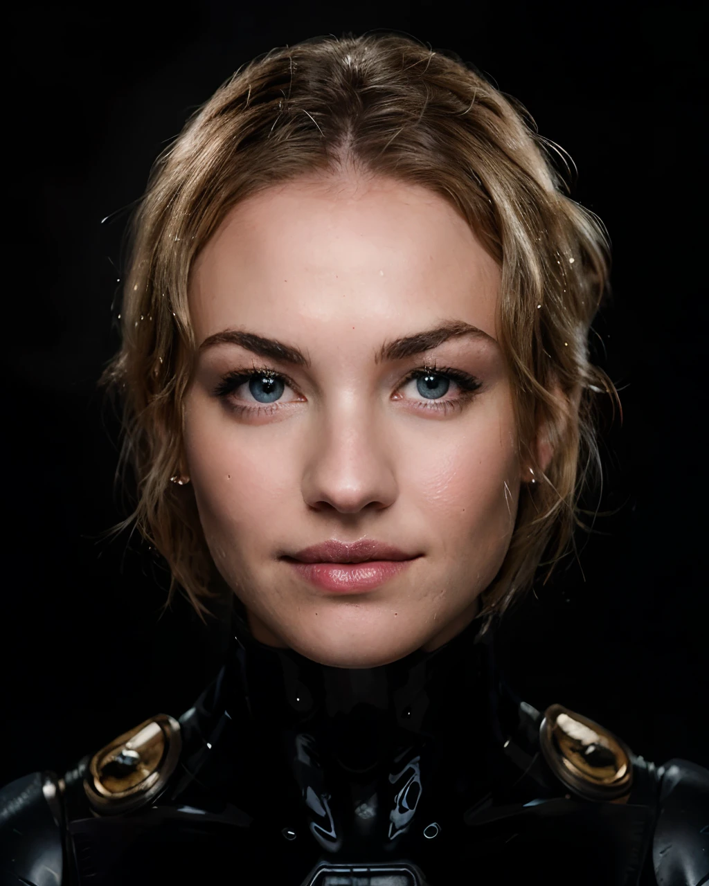 Foto de yvonne strahovski en un traje mecánico, solo, blue eyes, corte de pelo bob inverso, piel brillante, piel mojada, shiny piel brillante, piel brillante, piel grasosa, fondo negro en la cabeza, ambiente cálido, fotografía, Sesión de fotos, Capturado por la cámara Panavision Panaflex Platinum con lente esférica Panavision Primo Primes de 75 mm T1.9