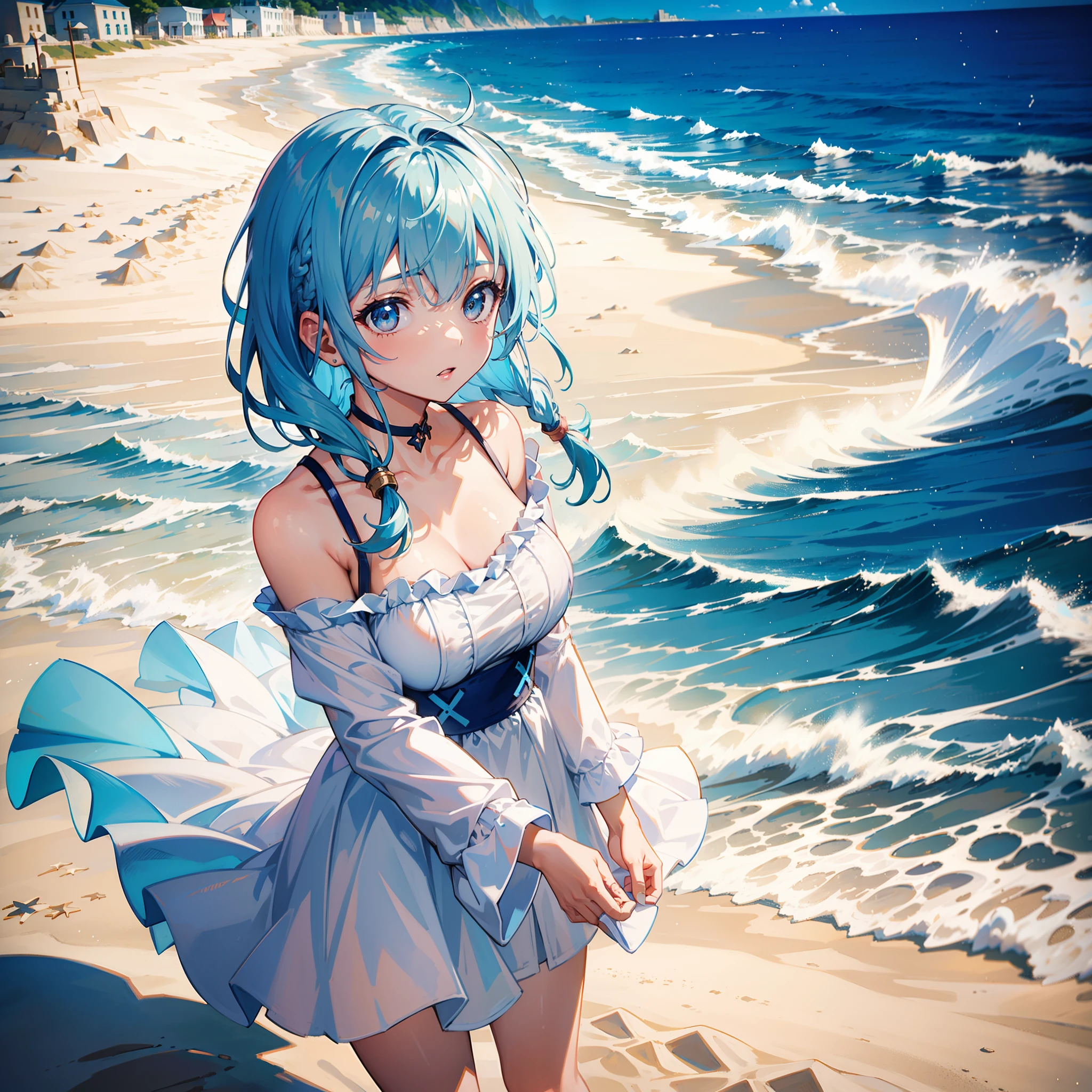 Girl building sandcastle on the beach、lightblue hair、White off-the-shoulder dress、（Messy sunlight）、（The best highlights）、（The best shadows）、（Background with:Sea sand beach）