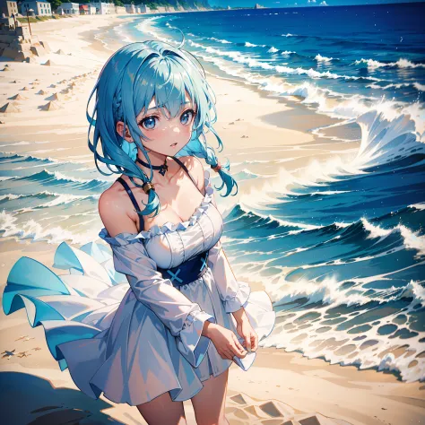 Girl building sandcastle on the beach、lightblue hair、White off-the-shoulder dress、（Messy sunlight）、（The best highlights）、（The be...