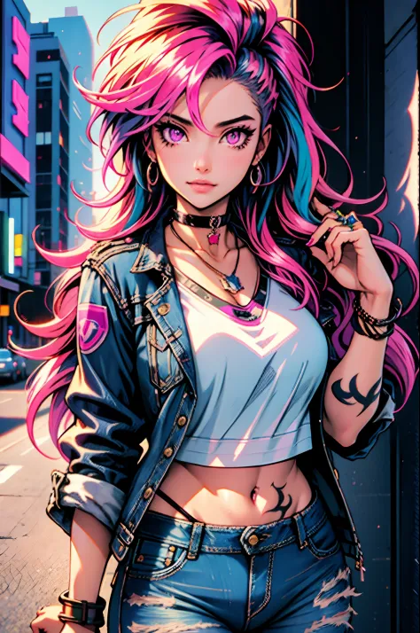 (masterpiece, best illustration, extreme light and shadow), 1girl, solo, colorful hair, pink eyes, tattoos, long hair, jacket, d...