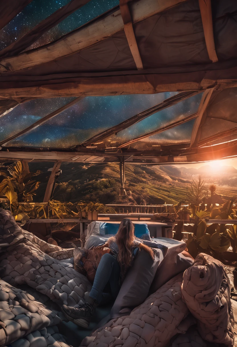 1 girl outdoors， late， starrysky， in a panoramic view， scenecy， horizon， the roof， sitting on rooftop， wind，（wide angles，Ultra HD detailasterpiece, hyper HD, Super detail, High details, Best quality, A high resolution, Award-Awarded, 8K），（light）