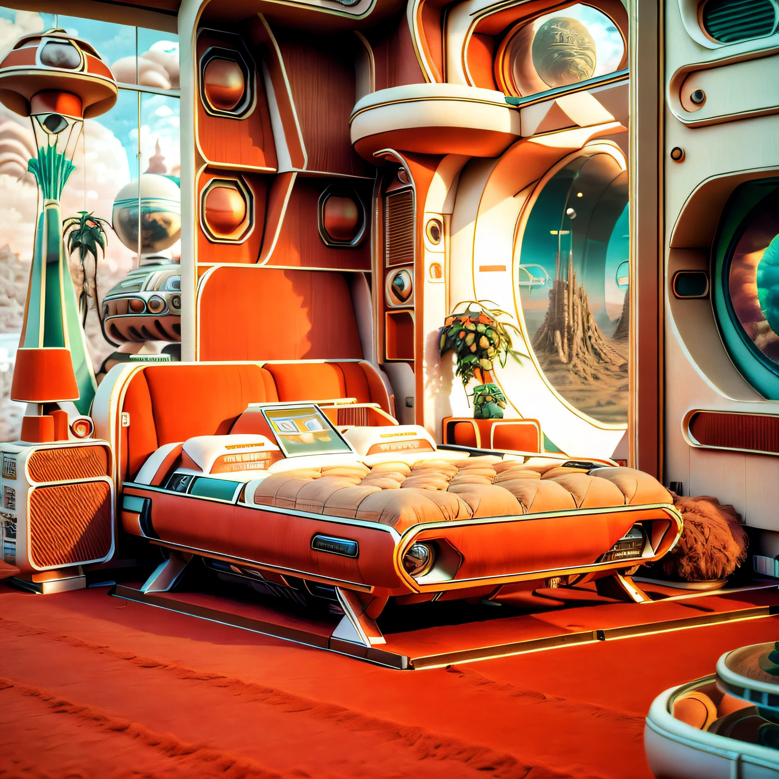 RAW photo, very realistic, masterpiece, 8k, film grain, Fujifilm XT3, 1970 retrofuturism bedroom, interior, indoor, full furniture, ((1970retrofuturism style:1.5))