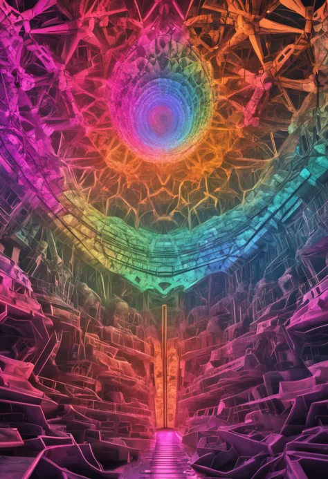 Huge crystal space station, Glowing marsupial alien silhouette, of all colors, Fractal spiral pattern, Float in bright colors, Apply crayons on white concrete walls