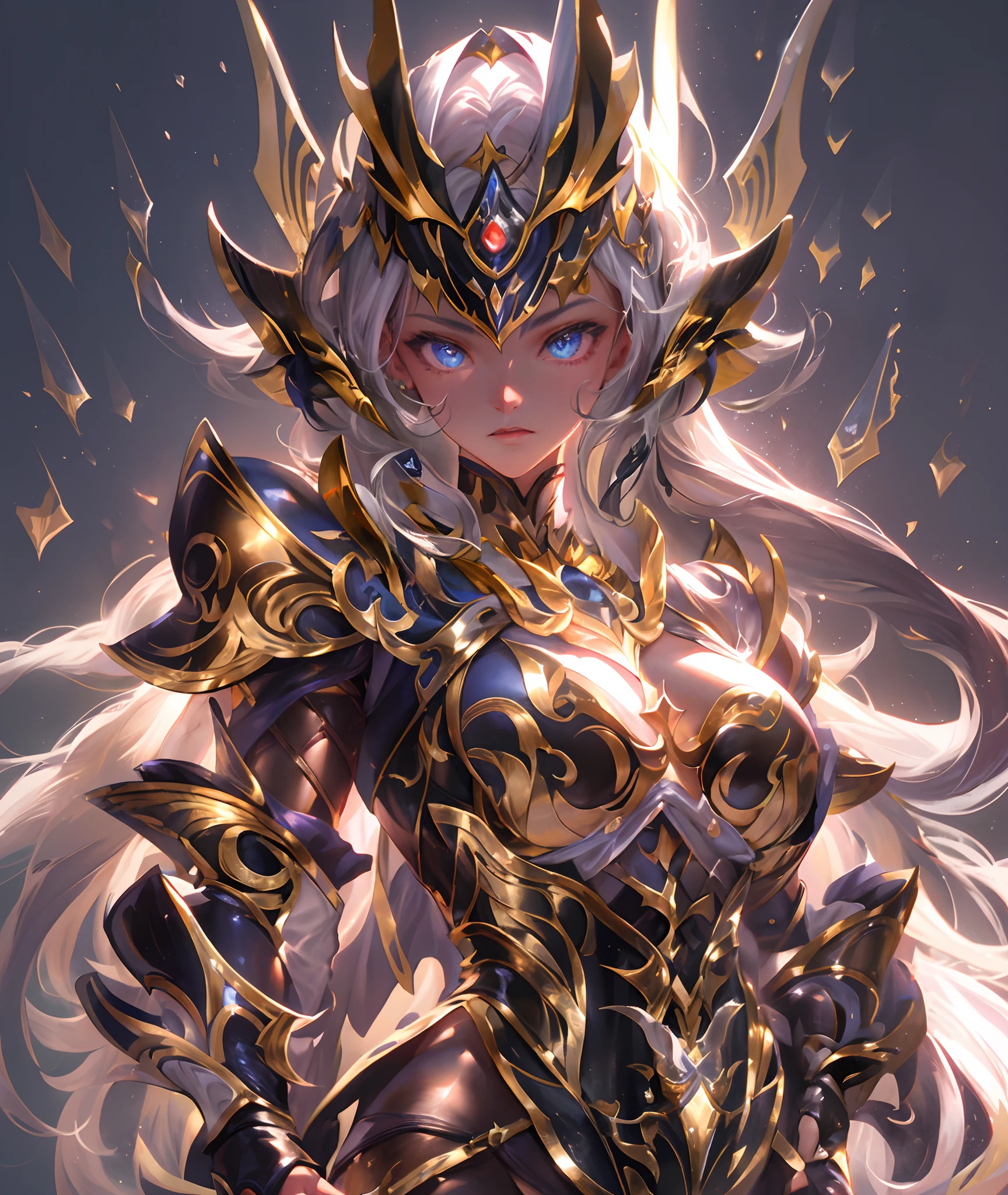 Ultra-high saturation，（tmasterpiece）， fully body photo，（best qualtiy）， （1girll）， starryskybackground，Wearing shiny gold armor， Sexy lingerie type armor，Expose your chest，Expose the waistline，Exposing thighs，cool-pose， Saint Seiya Armor， messy  hair，high detal, Anime style, Cinematic lighting, Sparkle, god light, Ray traching, filmgrain, hyper HD, textureskin, super detailing, Anatomical correct, A high resolution，Ultra-high saturation，hight contrast，High-gloss armor，Smooth skin，Serious expressions,Dark room,