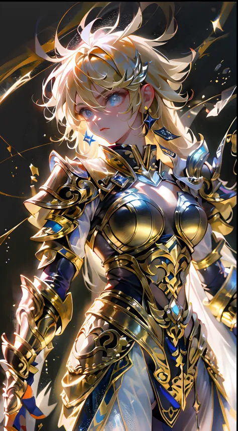 Ultra-high saturation，（tmasterpiece）， fully body photo，（best qualtiy）， （1girll）， starryskybackground，Wearing shiny gold armor， S...