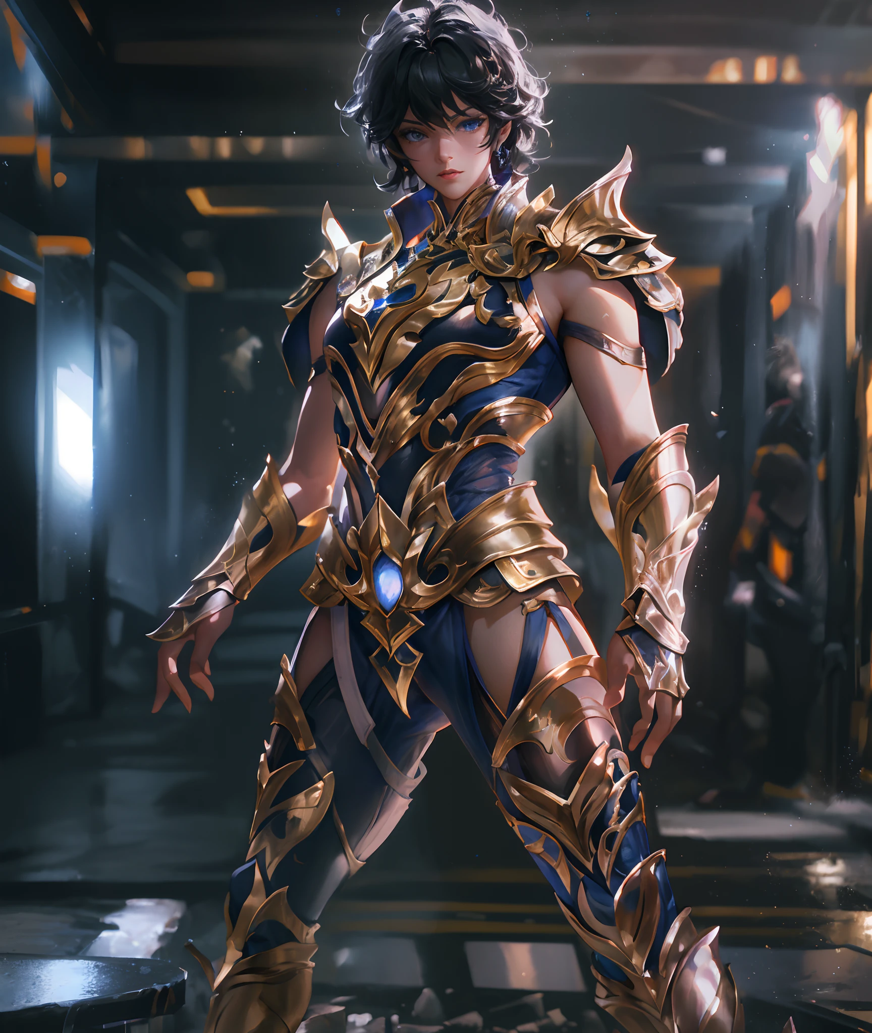 Ultra-high saturation，（tmasterpiece）， fully body photo，（best qualtiy）， （1girll）， starryskybackground，Wearing shiny gold armor， Sexy lingerie type armor，Expose your chest，Expose the waistline，Exposing thighs，cool-pose， Saint Seiya Armor， messy  hair，high detal, Anime style, Cinematic lighting, Sparkle, god light, Ray traching, filmgrain, hyper HD, textureskin, super detailing, Anatomical correct, A high resolution，Ultra-high saturation，hight contrast，High-gloss armor，Smooth skin，Serious expressions,Dark room,