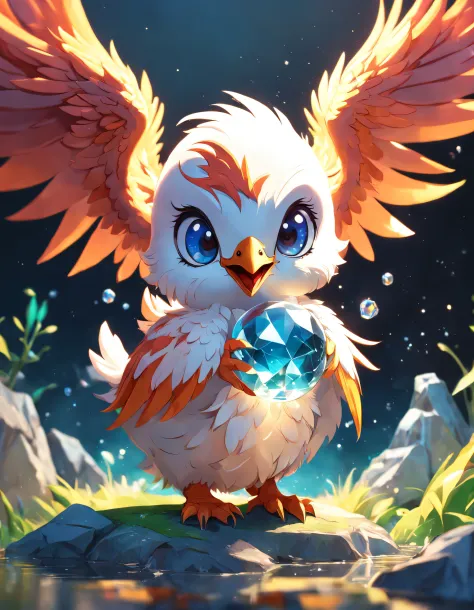 A cute adorable baby phoenix made of crystal ball with low poly eye's highly detailed intricated concept art trending artstation 8k