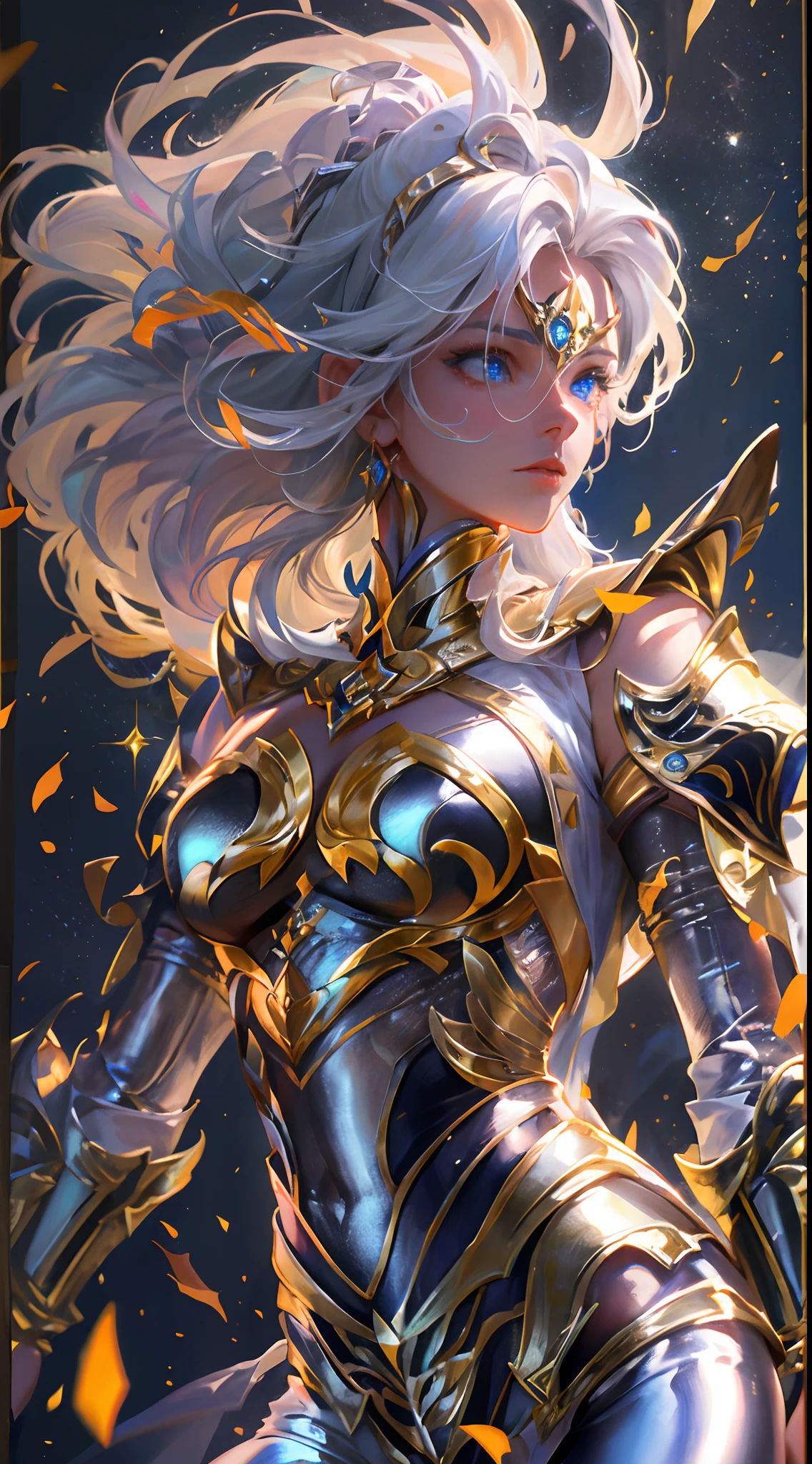 Ultra-high saturation，（tmasterpiece）， fully body photo，（best qualtiy）， （1girll）， starryskybackground，Wearing shiny gold armor， Sexy lingerie type armor，Expose your chest，Expose the waistline，Exposing thighs，cool-pose， Saint Seiya Armor， messy  hair，high detal, Anime style, Cinematic lighting, Sparkle, god light, Ray traching, filmgrain, hyper HD, textureskin, super detailing, Anatomical correct, A high resolution，Ultra-high saturation，hight contrast，High-gloss armor，Smooth skin，Serious expressions,Dark room,